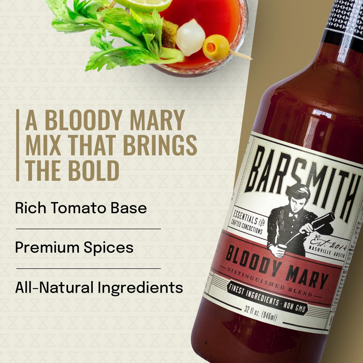 Barsmith Bar Essentials Bloody Mary Mix - Made with Real Tomatoes, Fresh Horseradish & Worcestershire Sauce - Cocktail Mixer for Vodka, Tequila