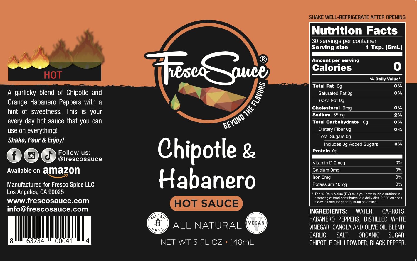 Chipotle & Habanero Hot Sauce by Fresco Sauce - Hot ones Season 12- Chipotle & Habanero Peppers - Flavorful - All Natural- Vegan - Gluten Free - 5 fl