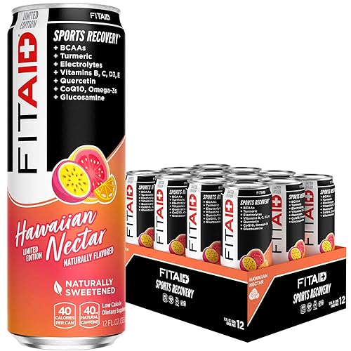FITAID Post Workout Recovery Drink Hawaiian Nectar Passion Fruit Orange & Guava BCAA Glucosamine Electrolytes 40 Calories 12 Fl Oz (Pack of 12)
