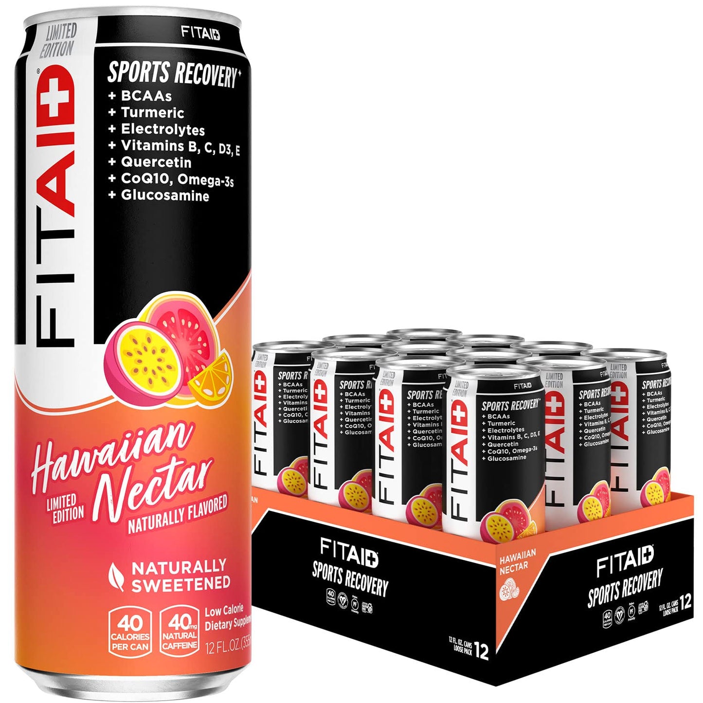 FITAID Post Workout Recovery Drink Hawaiian Nectar Passion Fruit Orange & Guava BCAA Glucosamine Electrolytes 40 Calories 12 Fl Oz (Pack of 12)