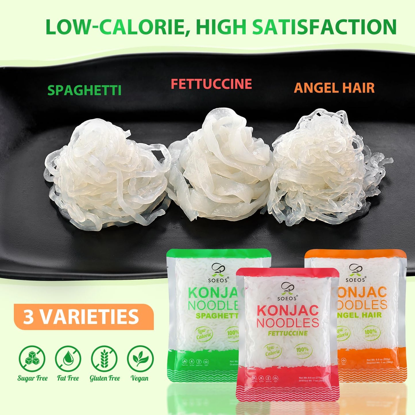 Soeos Konjac Noodles, Shirataki Noodle, 9.5 oz (270g)*6 Packs, Low Calorie, Low Carb, Keto and Paleo Friendly, 3 Variety Noodles, Fettuccine, Angel
