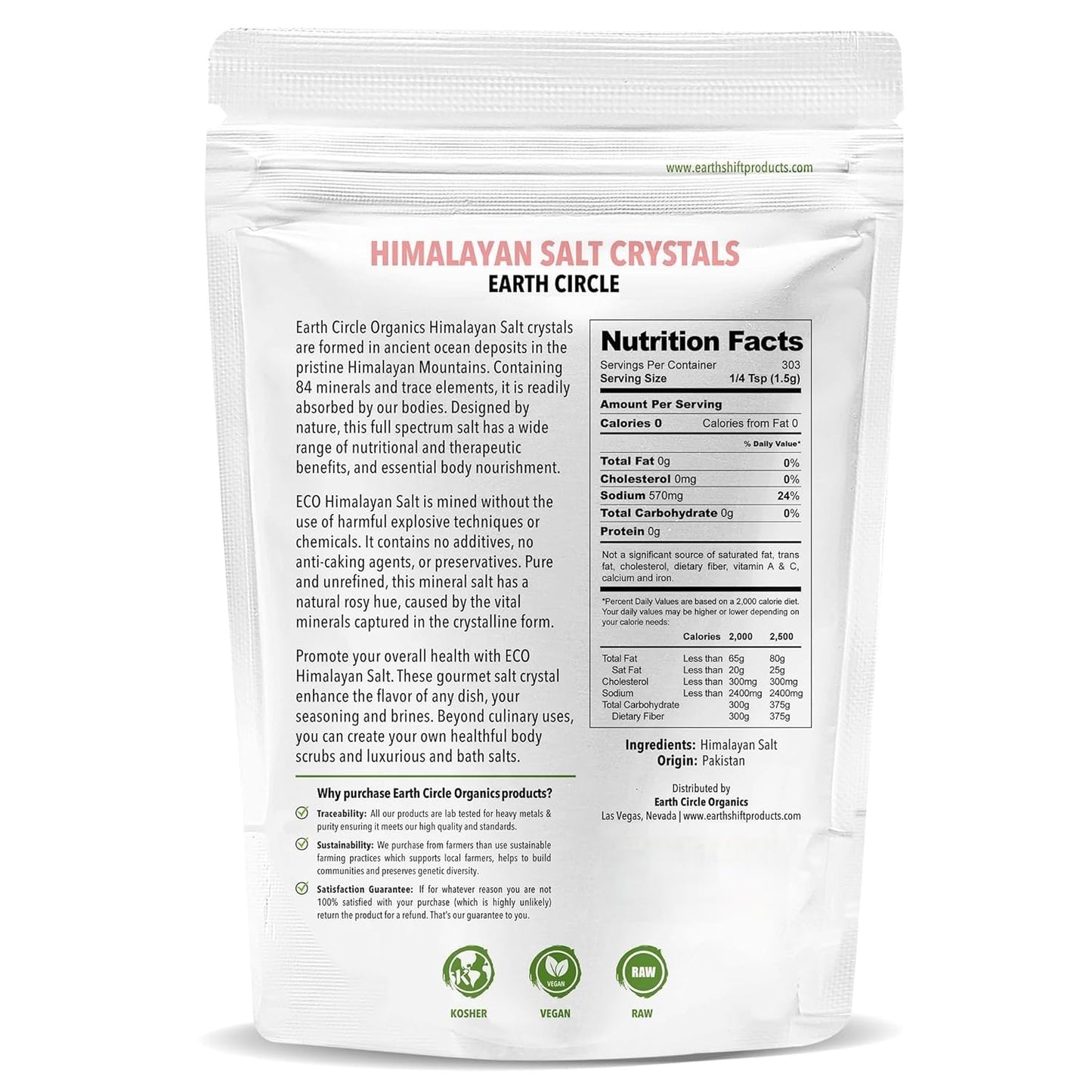 Earth Circle Premium Himalayan Unrefined Pink Fine Grain Salt, Pure Culinary Grade - Kosher, Nutrient and Mineral Dense, 1 Pound (Pack of 3)