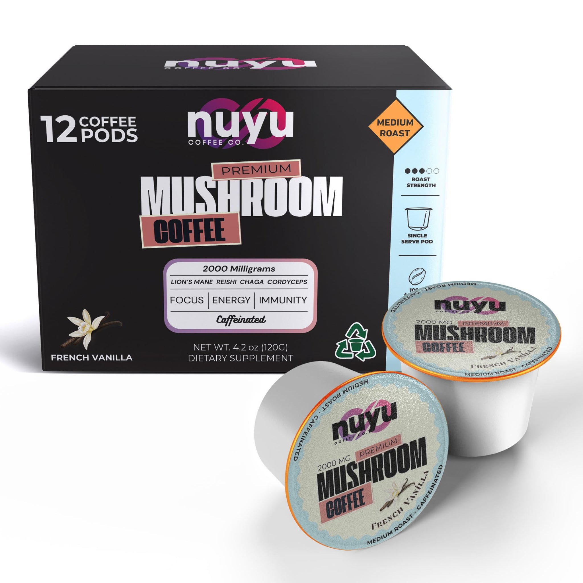 Nuyu Mushroom Coffee Pods, K-Cups, 100% Medium Roast Arabica Coffee with Lion's Mane, Reishi, Chaga, Cordyceps, 2000mg per Pod (12, French Vanilla)