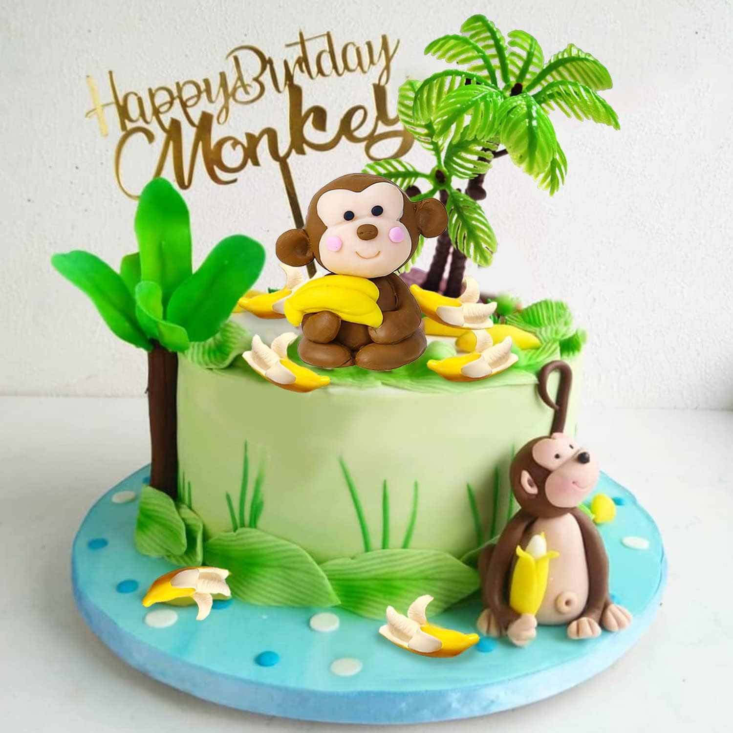 11 PCS Monkey Cake Topper with Coconut Trees Banana Cake Decoration for Jungle Safari Animal Themed Birthday Baby Shower Party Supplies