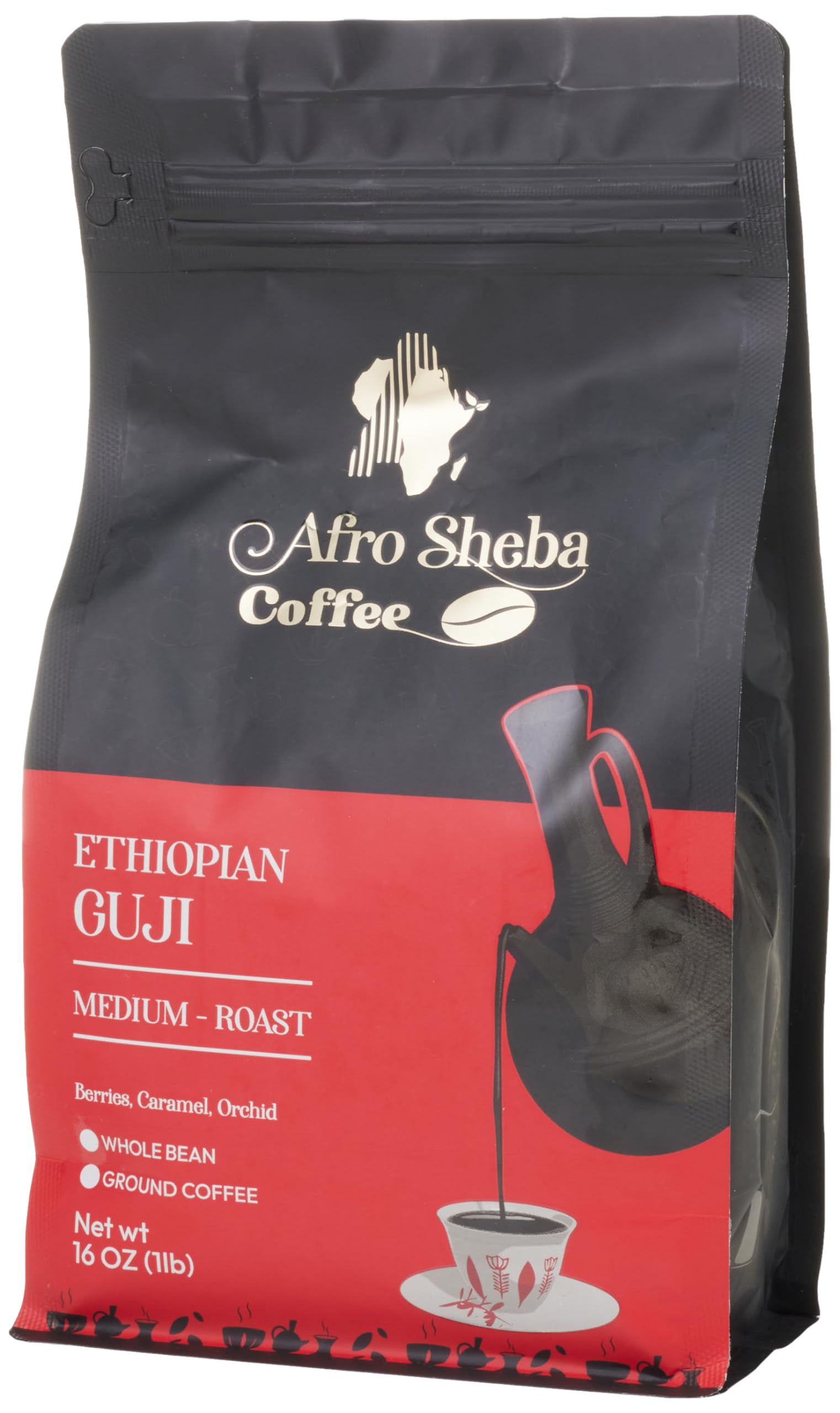Afro Sheba Coffee - Whole Bean Medium Roast Coffee - Full Body - Ethiopian Single Origin - Ground - Low Acid - Washed & Natural - 1 lb (16 oz) (Guji)