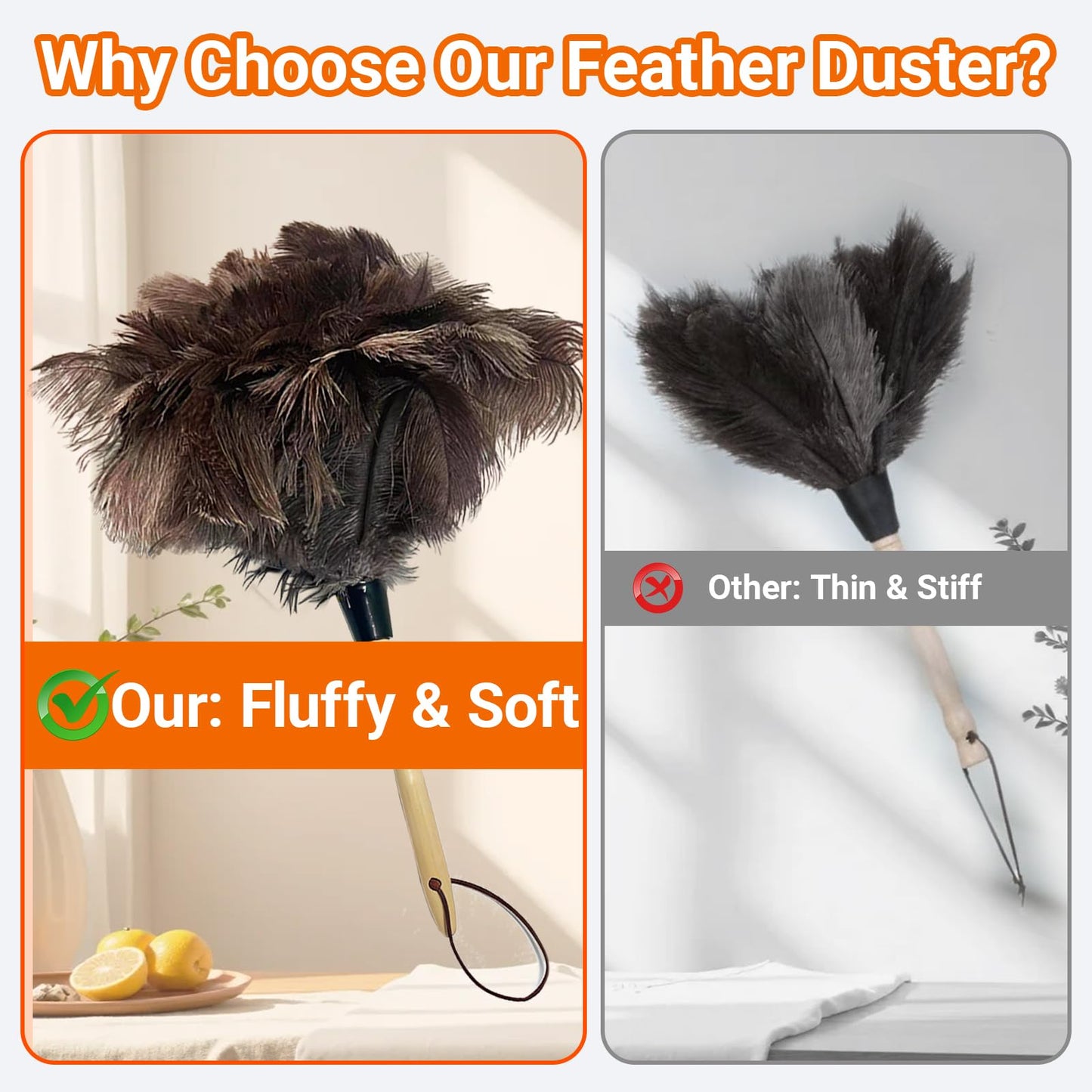 NCEDN Genuine Ostrich Feather Duster 15 inches - Soft Dense Real Feathers, Wooden Handle, Feather Duster for Cleaning Furniture, Blinds & Car Interior