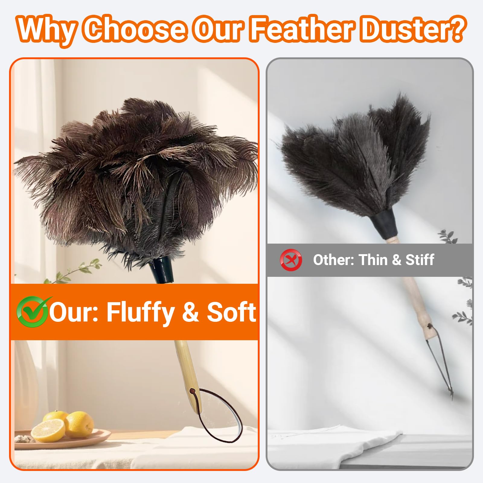NCEDN Genuine Ostrich Feather Duster 15 inches - Soft Dense Real Feathers, Wooden Handle, Feather Duster for Cleaning Furniture, Blinds & Car Interior