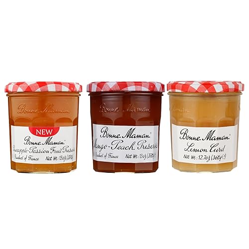 Bonne Maman Summer Variety Pack (Pineapple-Passion Fruit Preserves, Mango-Peach Preserves, Lemon Curd), Pack of 3