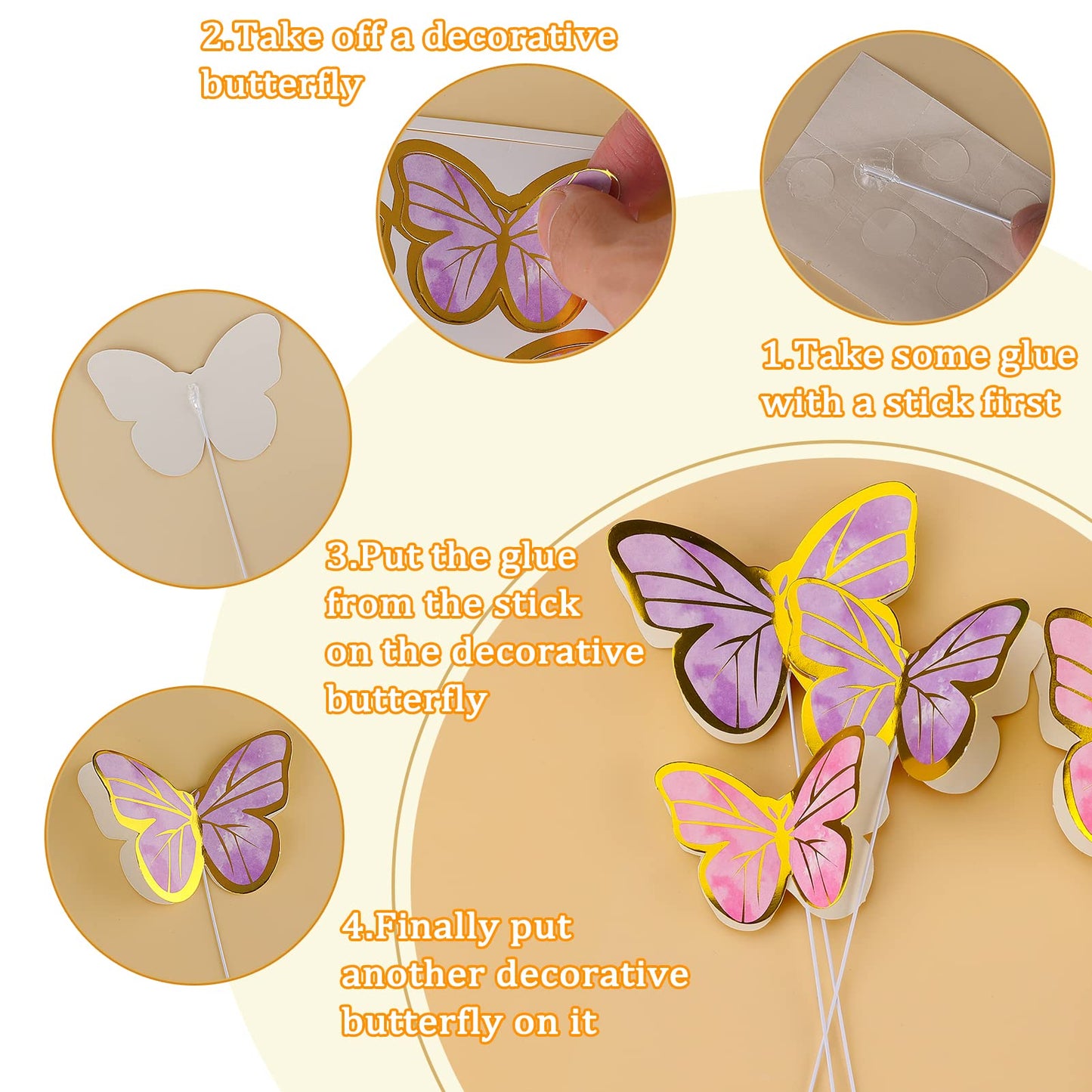 80Pcs Butterfly Cake Toppers Set Happy Birthday 3D Mixed Color Pink Purple Cupcake Picks Butterfly Cupcake Topper with Dot Glue Decorations