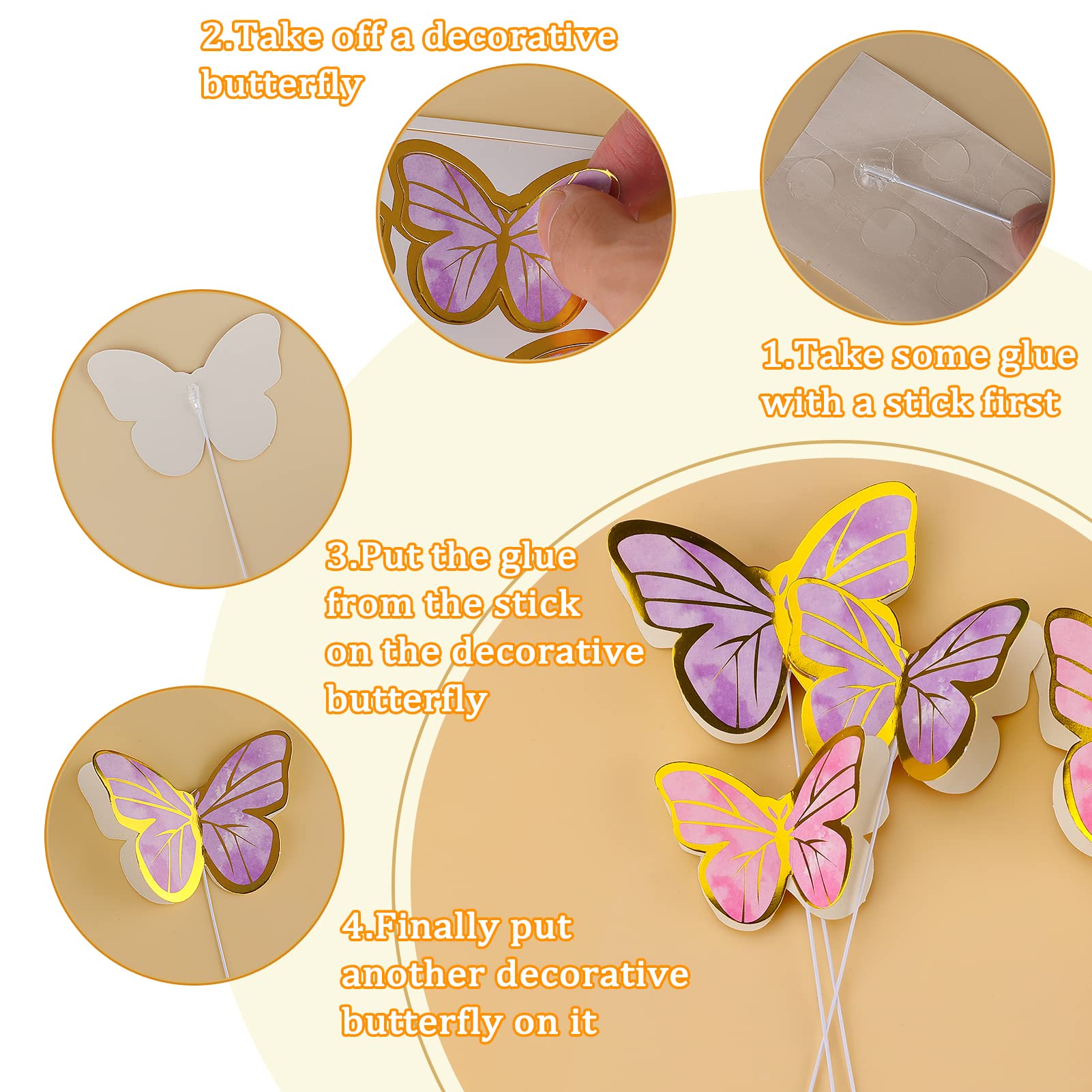 80Pcs Butterfly Cake Toppers Set Happy Birthday 3D Mixed Color Pink Purple Cupcake Picks Butterfly Cupcake Topper with Dot Glue Decorations
