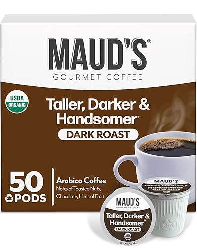 Maud's Organic Dark Roast Coffee Pods, 50 ct, Fair Trade & Single Origin Single Serve Pods - 100% Arabica Coffee, Compatible with Keurig K Cups Maker