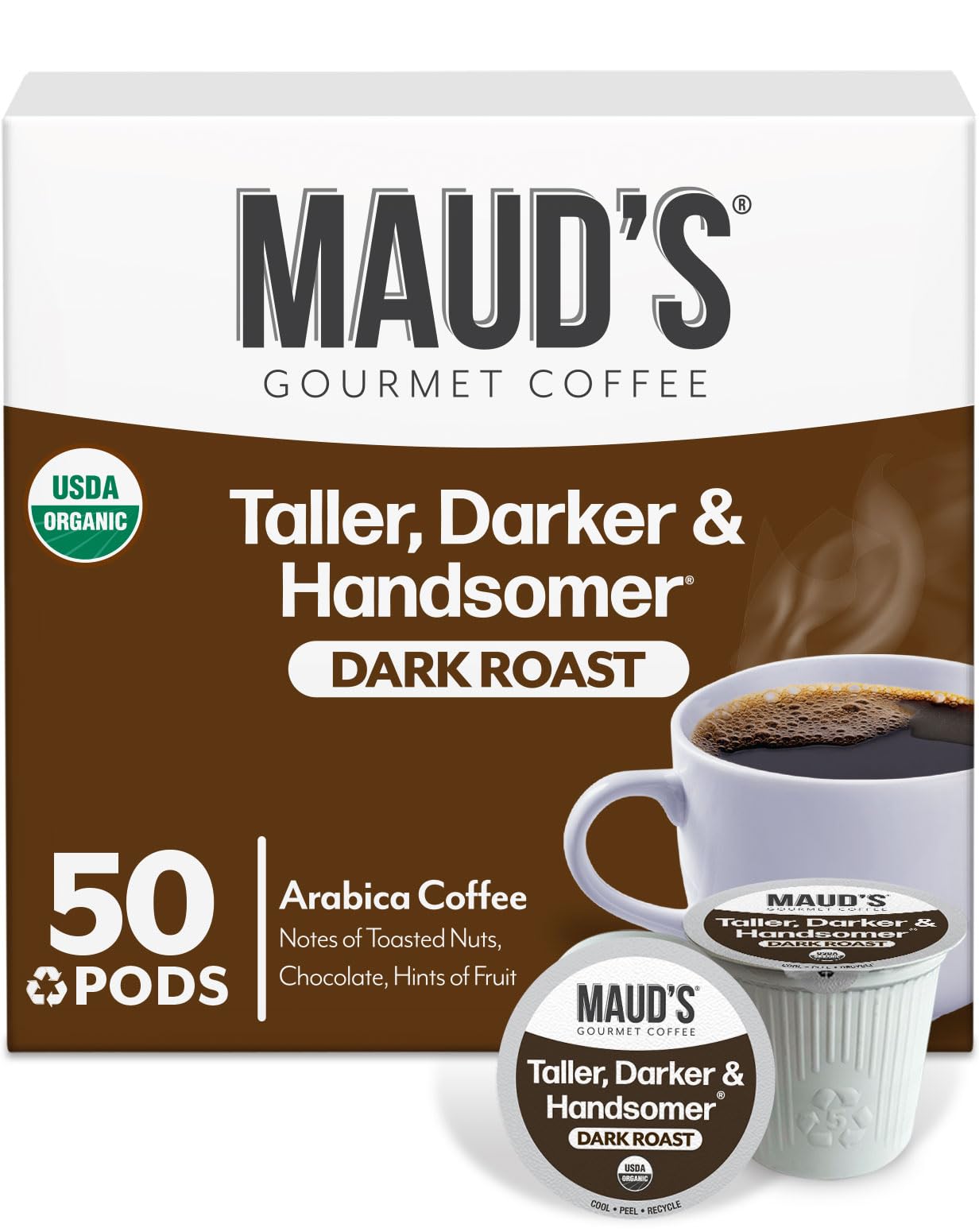 Maud's Organic Dark Roast Coffee Pods, 50 ct, Fair Trade & Single Origin Single Serve Pods - 100% Arabica Coffee, Compatible with Keurig K Cups Maker