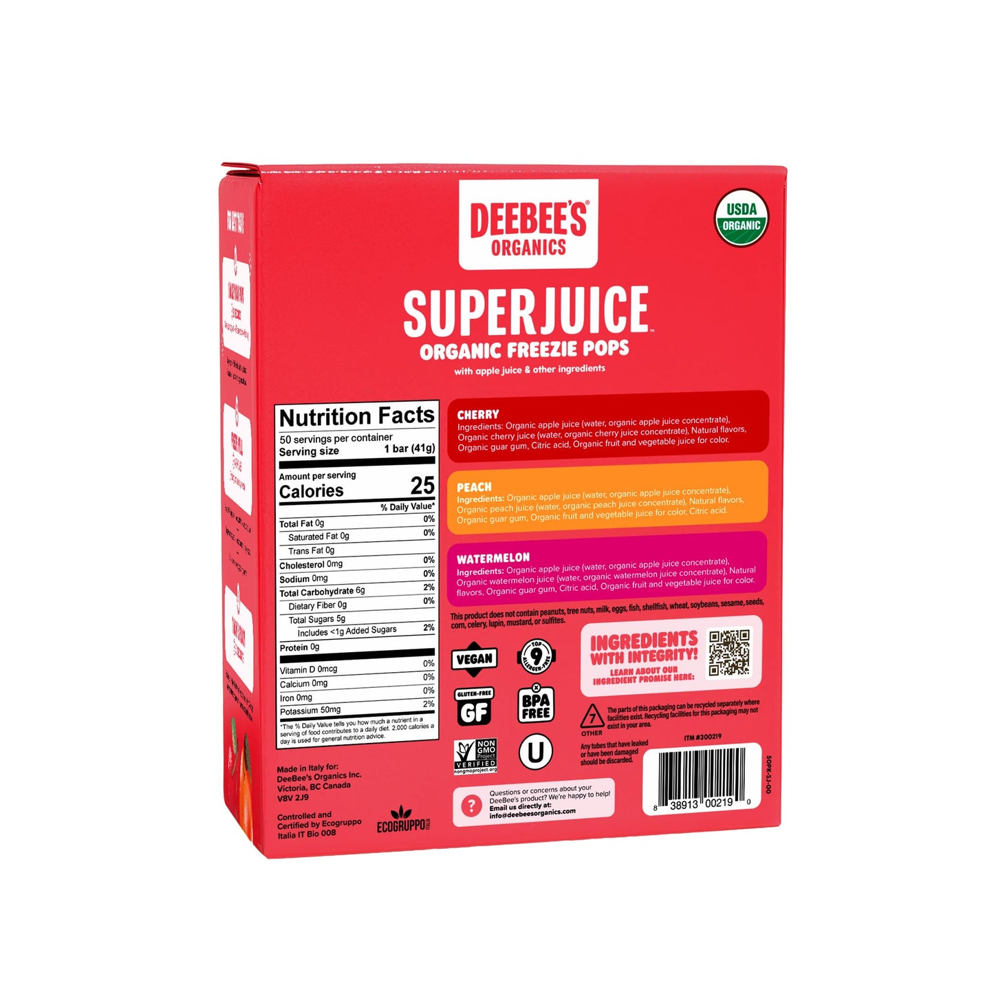 DeeBee's Organics SuperJuice Freezie Pops, No Refined Sugars, No Artificial Flavors or Colors (Pack of 50)