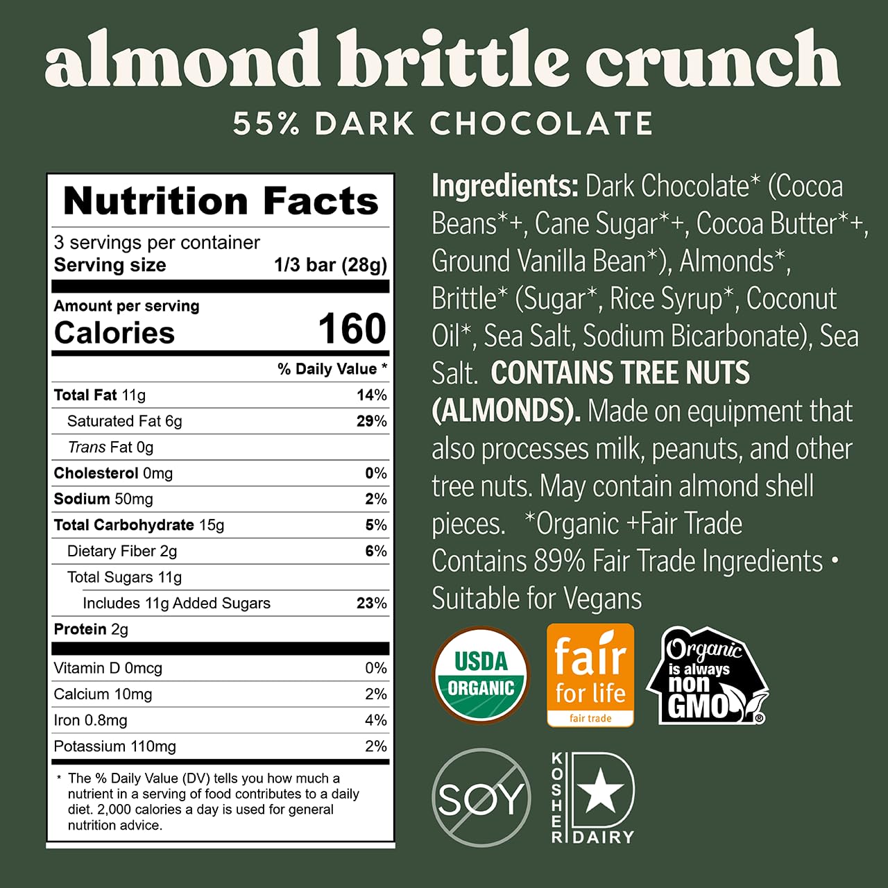 Theo Chocolate Almond Brittle Crunch Organic Dark Chocolate Bar, 55% Cacao, 6 Pack | Vegan, Fair Trade