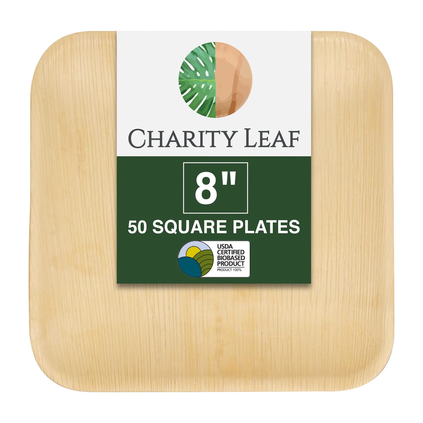 Charity Leaf 8" Square Palm Leaf Plates (50-pack) | Eco-friendly, Heavy Duty | For Parties, Weddings, BBQs & Catering