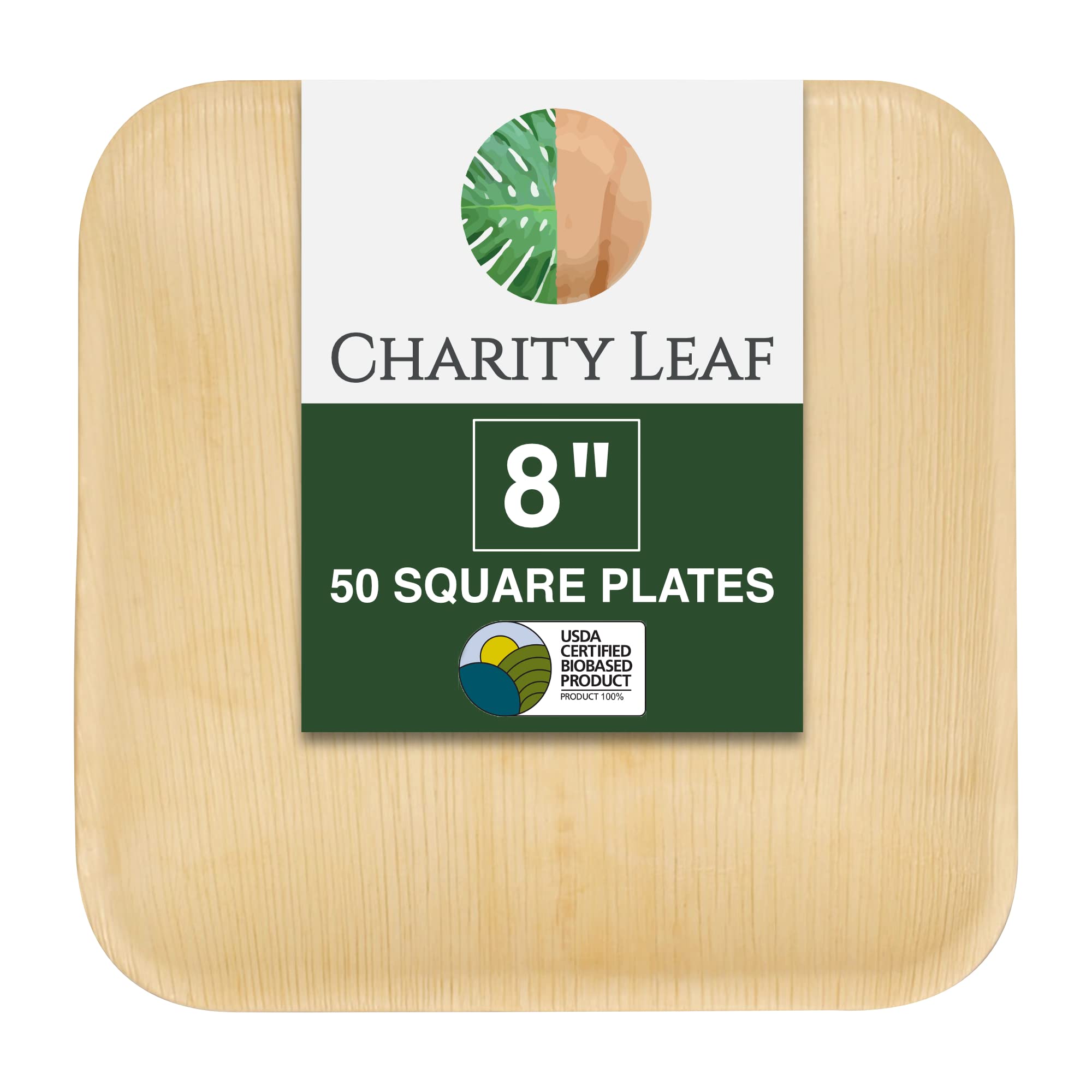 Charity Leaf 8" Square Palm Leaf Plates (50-pack) | Eco-friendly, Heavy Duty | For Parties, Weddings, BBQs & Catering