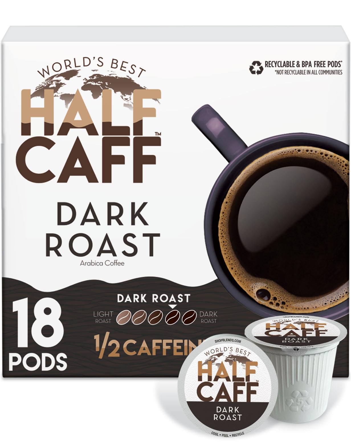 World's Best Half Caff Dark Roast Coffee Pods, 18 ct, Single Serve Pods - 100% Arabica Coffee, Compatible with Keurig K Cups Maker
