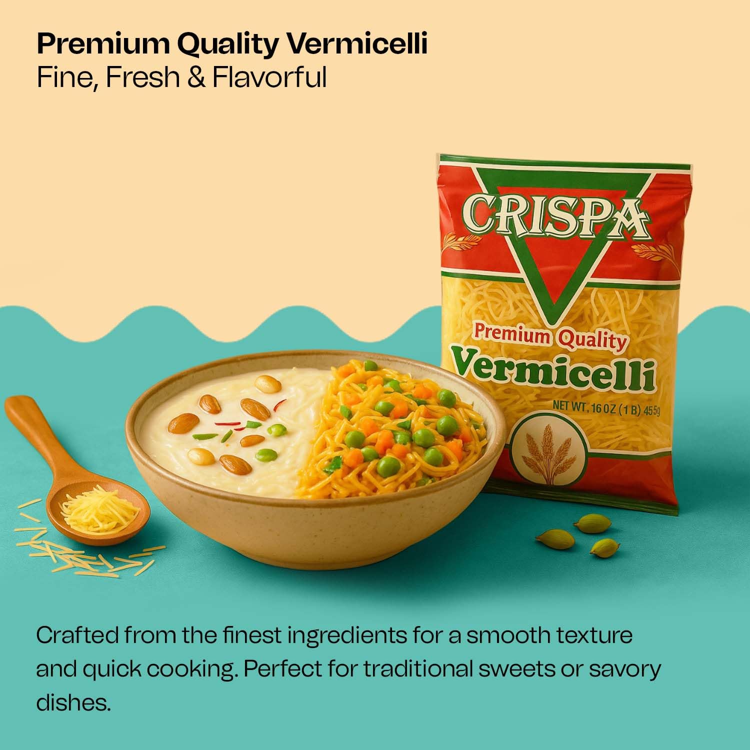 Crispa Premium Quality Vermicelli -16oz (1Lb), Delicious and Rich in Essential Nutrients Easily Cooked in 3 Minutes Tasty Pasta Having No Cholesterol
