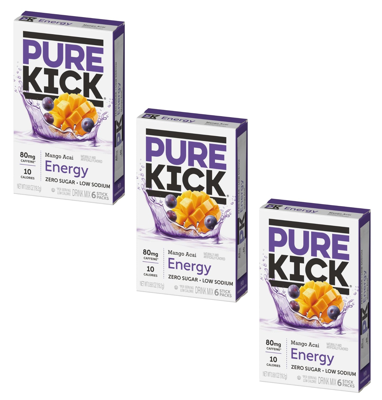Pure Kick Energy Drink Mix Mango Acai - 3 Boxes with 6 Packets Each - 18 Total Servings - Powdered Drink Mix