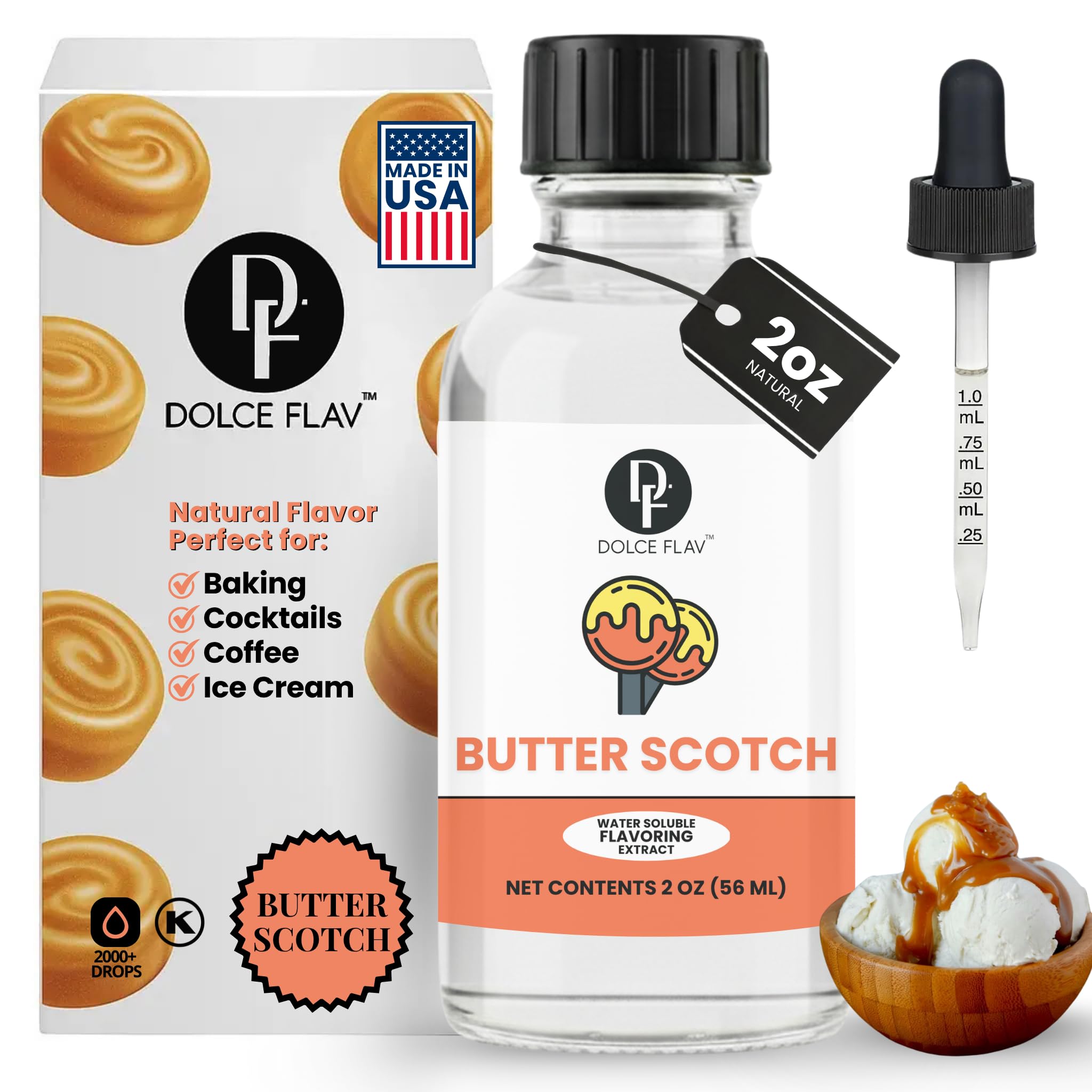 Dolce Flav Natural Butterscotch Extract 2 oz - Kosher, Sugar-Free, Concentrated Rich Butterscotch Flavoring for Baking, Beverages & Desserts, Includes