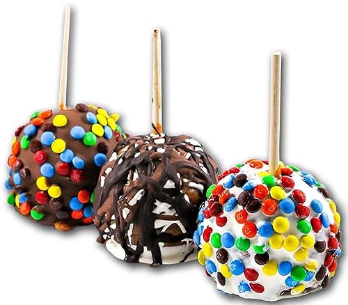 US Sweets Caramel Apple 3 Pack - Caramel Granny Smith Apples Dipped in White, Dark & Milk Chocolate with M&Ms | Candied Apples | Delicious Gift |