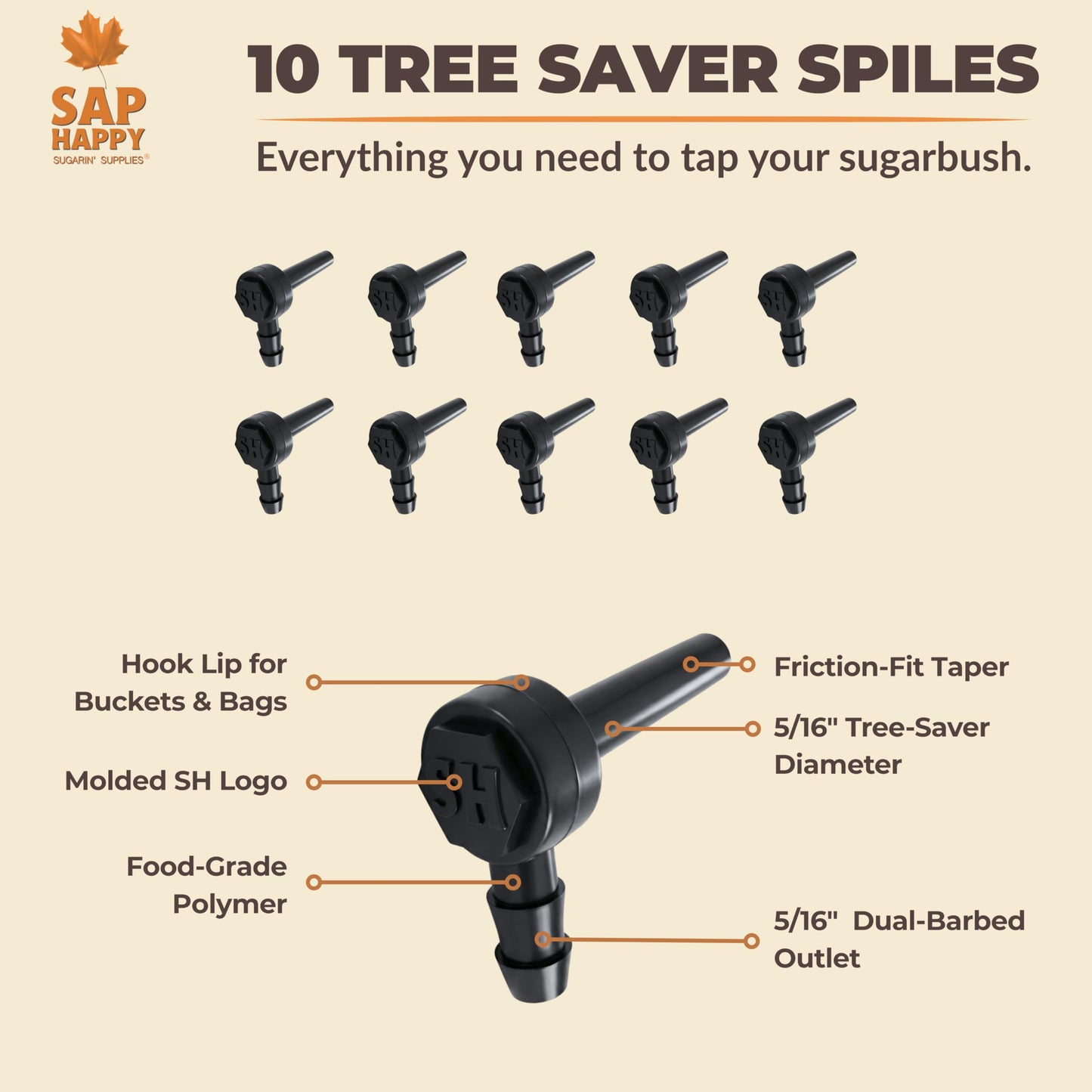 SAP HAPPY Maple Sap Spiles (10 Count) - 5/16” Tree Saver Taps for Maple Trees, Food-Grade Polymer with Friction-Fit Seal | Reusable Ecolo Tapping