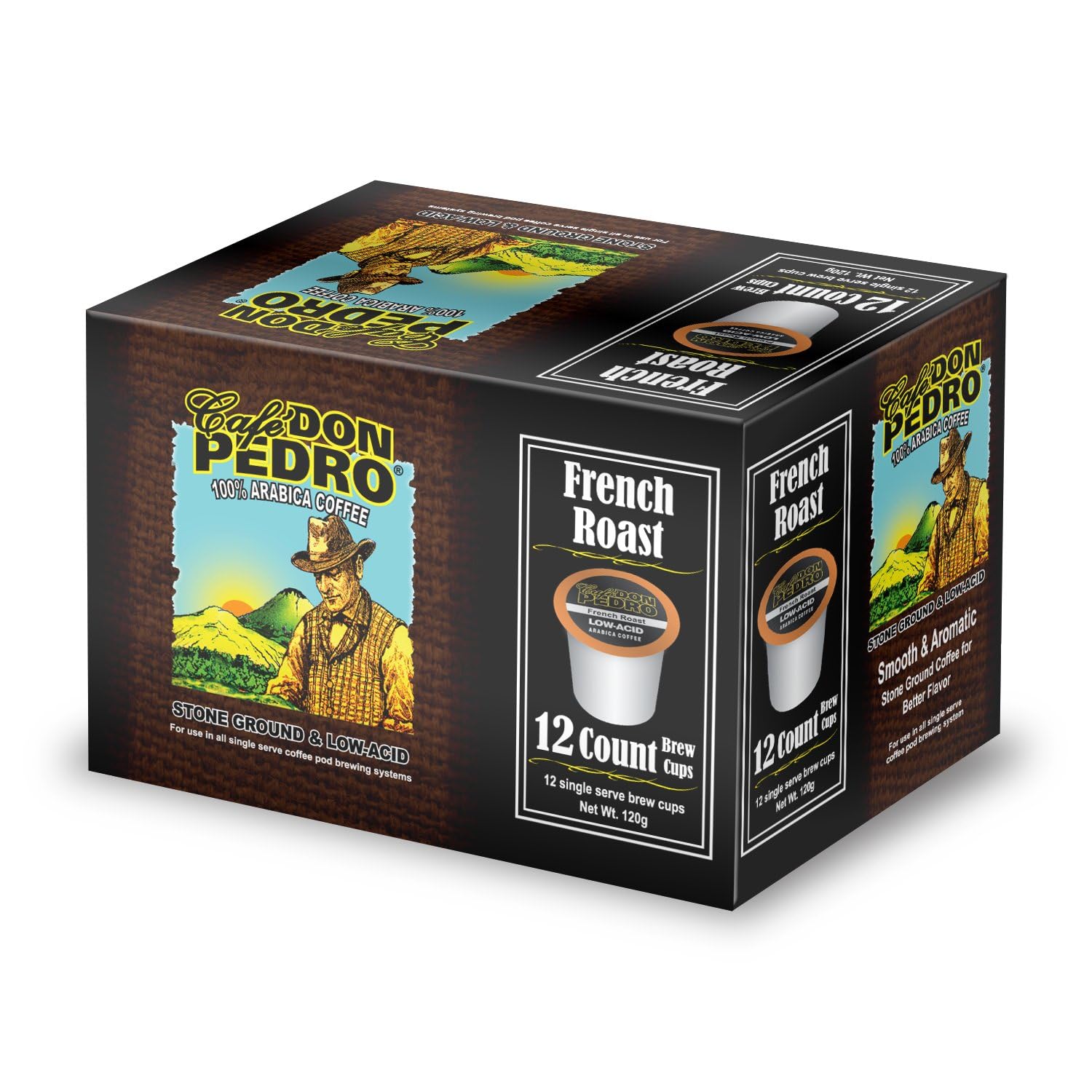 Cafe Don Pedro French Roast Low Acid Coffee Pods - Compatible with Keurig K-cup Coffee Maker, Dark Roast 100% Arabica, Battles Heartburn, Acidic