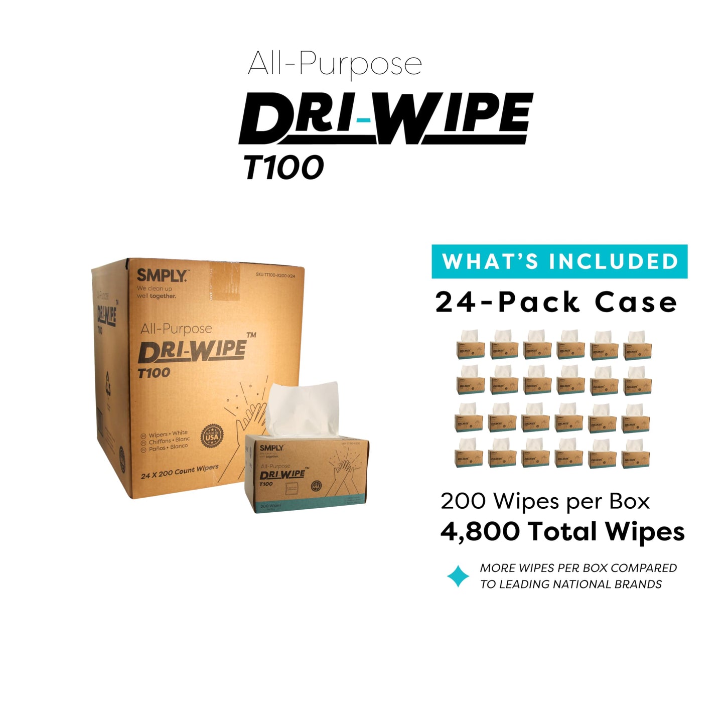 Dri-Wipe™ T100 All-Purpose Center-Pull Wipes - 24 Boxes of 200 (4,800 Total) - Disposable Cleaning Wipes, a Smarter Alternative to Paper Towels