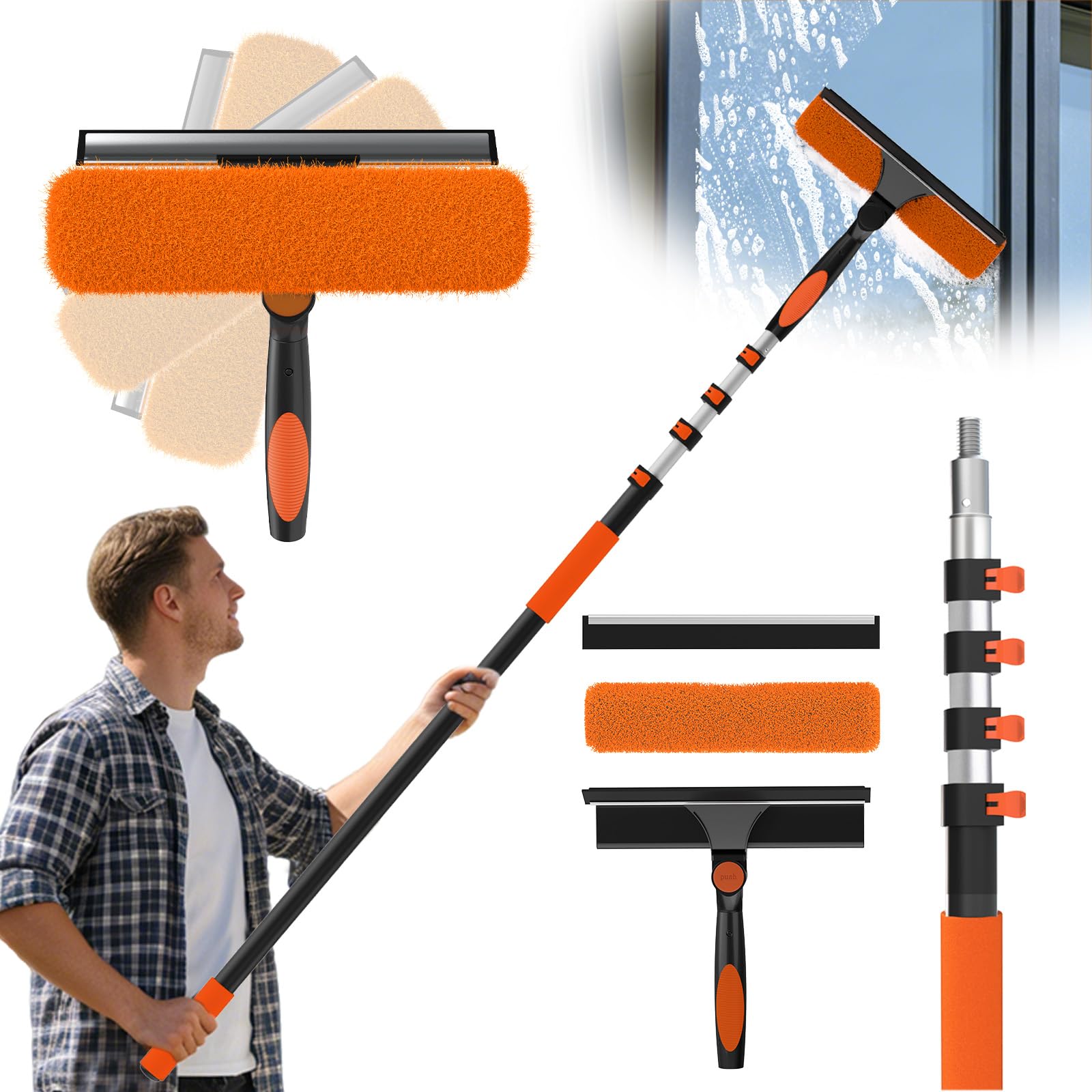 Window Squeegee Kit with Extension Pole, 2-in-1 Professional Washer for High Windows, 3-12FT Adjustable Reach, Rotatable Head for Indoor & Outdoor