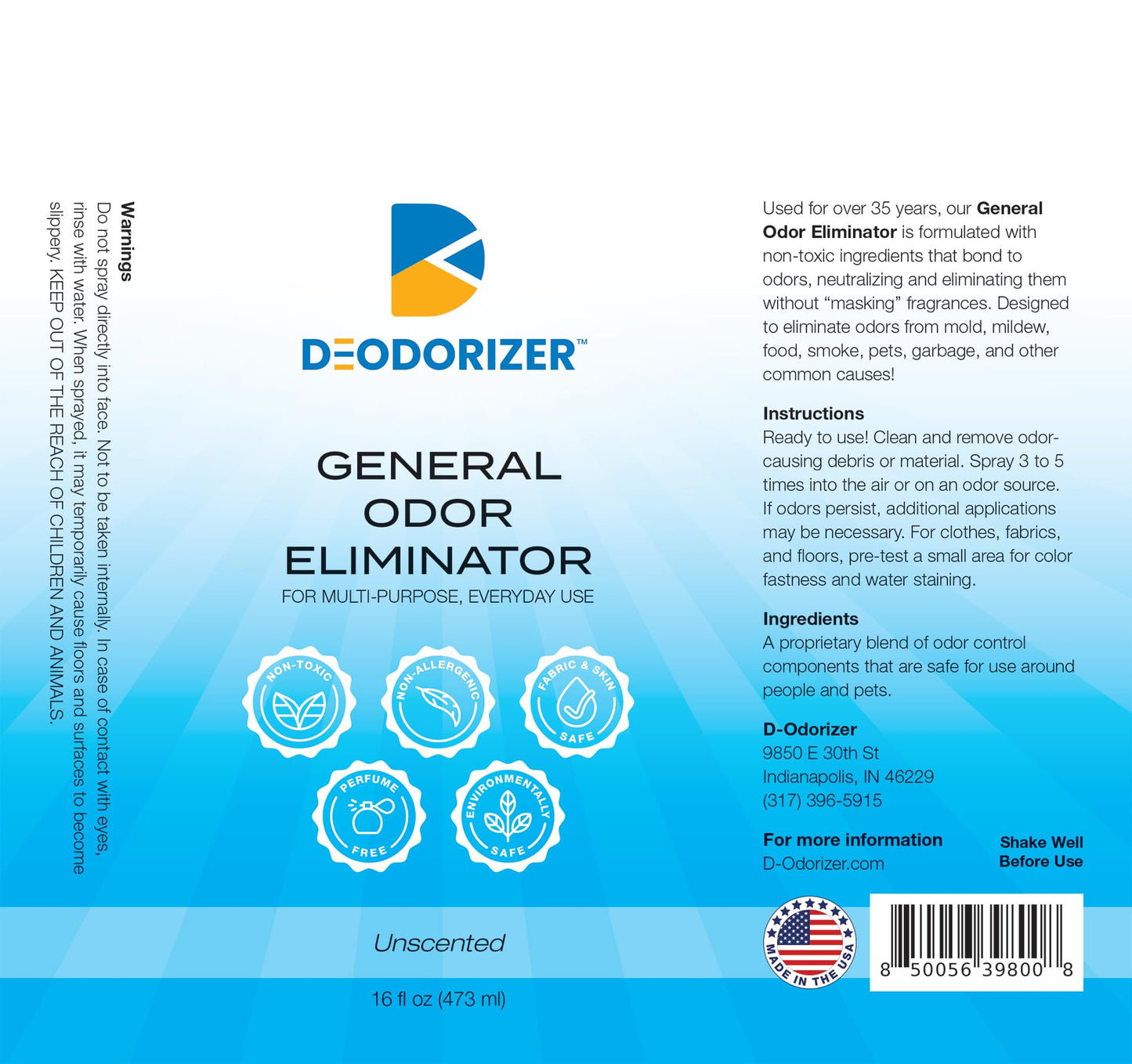 D-Odorizer General Odor Eliminator for Multi-Purpose Everyday Use - Air & Surface - Neutralizes Odors, Unscented - 16oz Spray