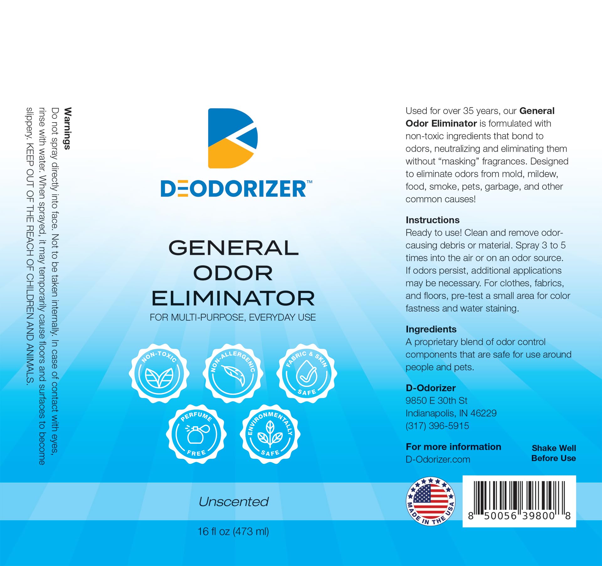 D-Odorizer General Odor Eliminator for Multi-Purpose Everyday Use - Air & Surface - Neutralizes Odors, Unscented - 16oz Spray