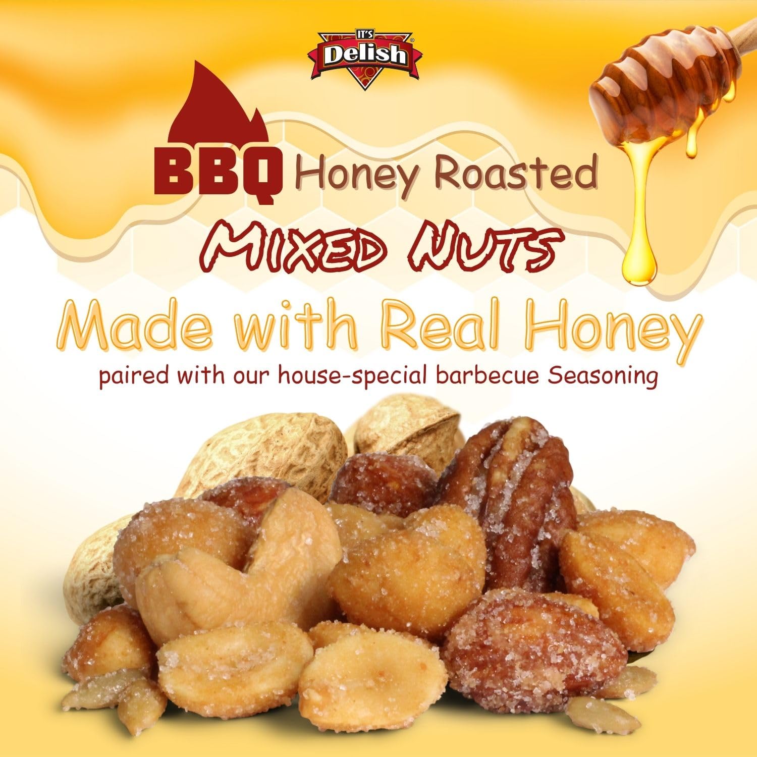 BBQ Honey Roasted Mixed Nuts by It's Delish, 12 Oz Bulk Bag | Gourmet Mixed Nuts in Honey Sugar Coating, Sweet & Heart Healthy Salted Nut, Kids Snack