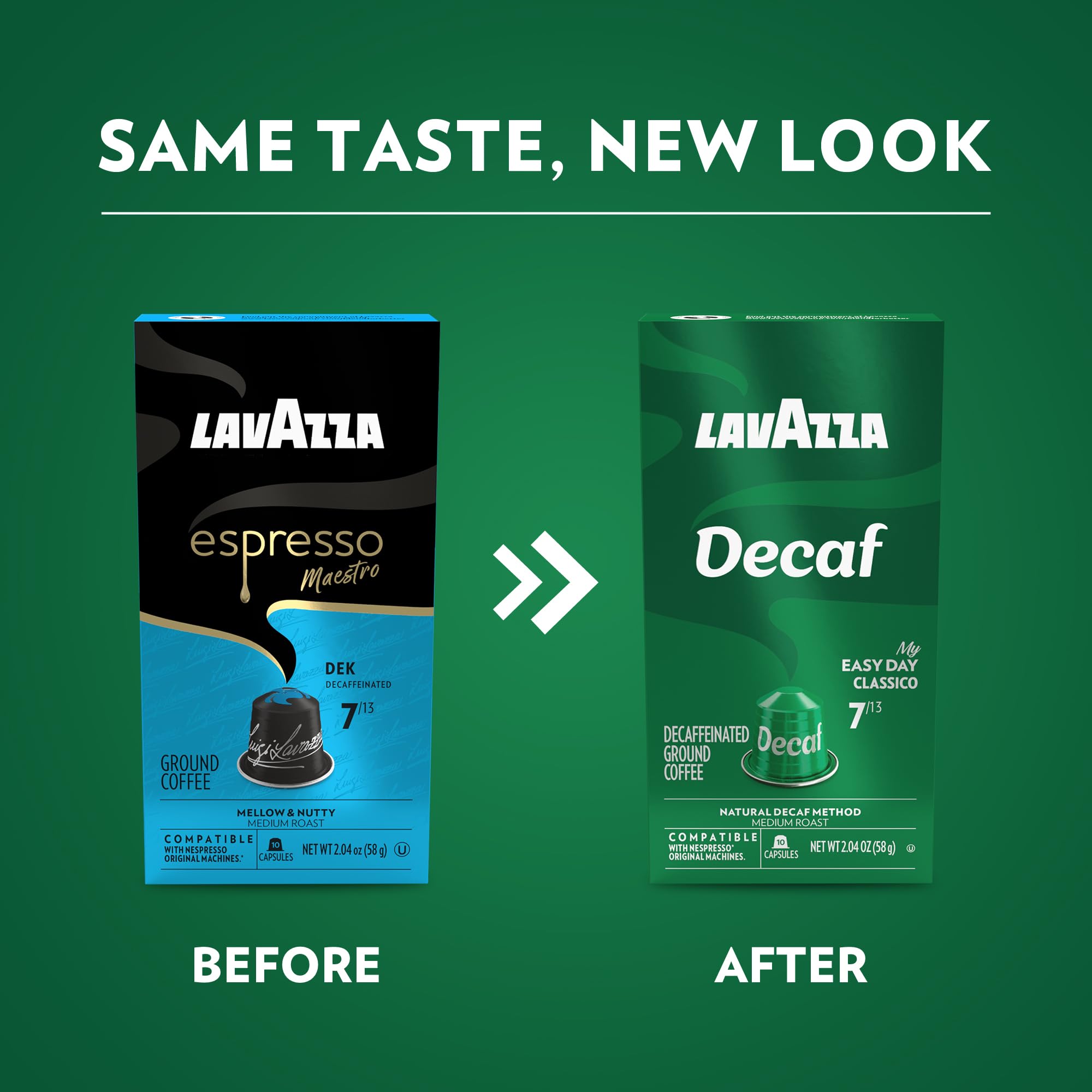 Lavazza Espresso Maestro Decaf (DEK) Aluminum Capsules Compatible with Nespresso* Original Machines, Medium Espresso Roast, Arabica and Robusta Blend