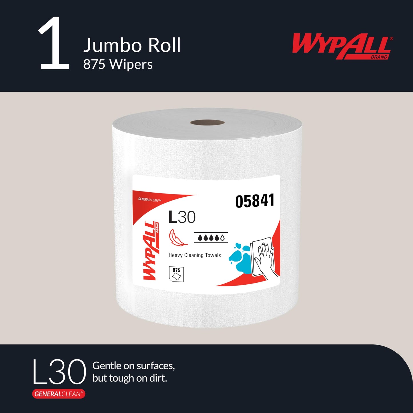 WypAll GeneralClean L30 Cloths Heavy Duty Cleaning Wipes, Jumbo (05841), Strong and Soft Bulk Paper Wipers, White (1 Roll of 875 Sheets)