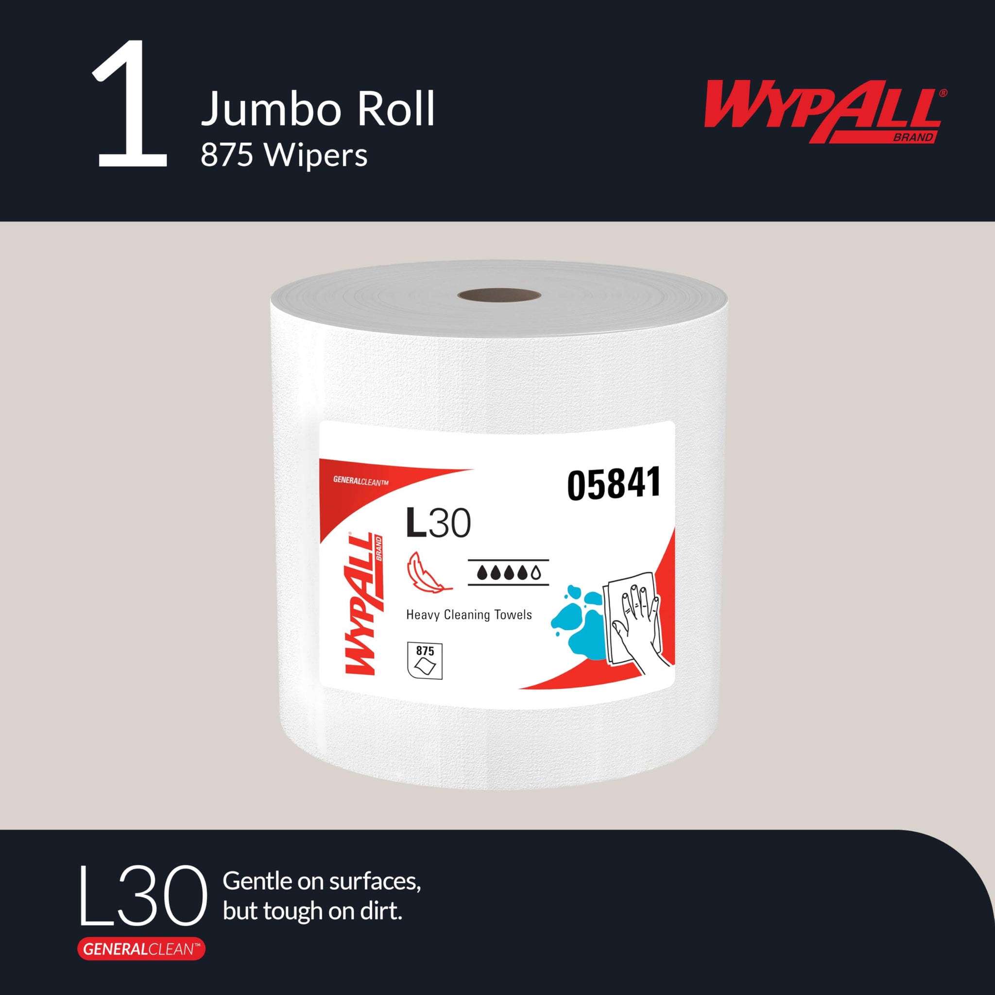 WypAll GeneralClean L30 Cloths Heavy Duty Cleaning Wipes, Jumbo (05841), Strong and Soft Bulk Paper Wipers, White (1 Roll of 875 Sheets)