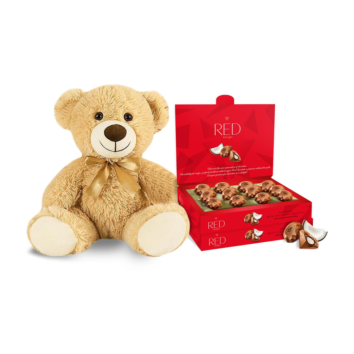 RED Delight Valentine’s Day Gift For Him Or Her - Milk Chocolate Truffles And A 14" Plush Teddy Bear (Qty 2 Boxes (4.66oz each) + 14" Teddy Bear, Milk