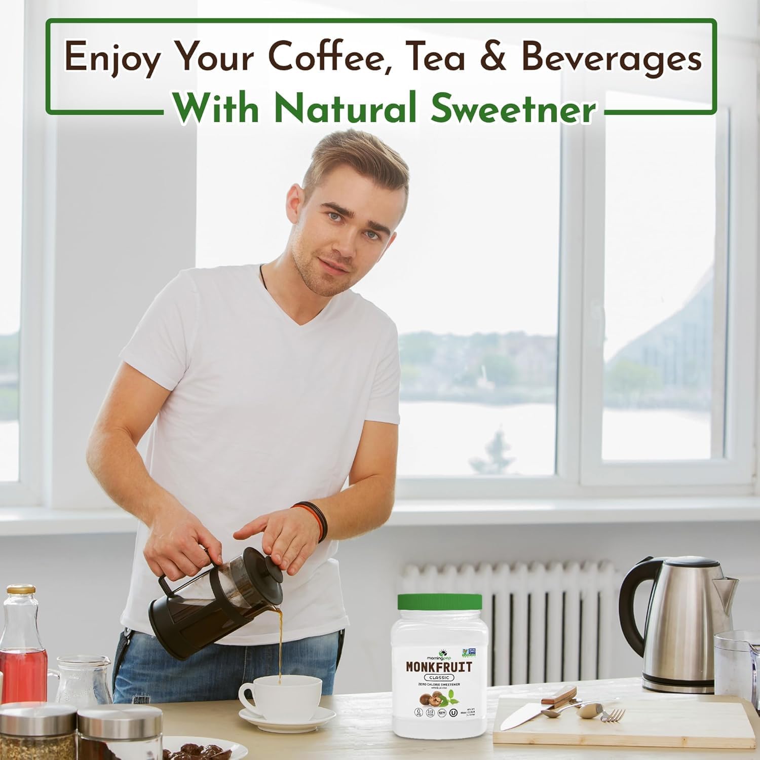 Morning Pep Monk Fruit Sweetener, Classic | White Sugar Substitute, Keto Diet Friendly, 1:1 Sugar Replacement, For Baking, Coffee, Tea, Zero Calorie Non Gmo Project Verified, OU Kosher, White - 5 lb
