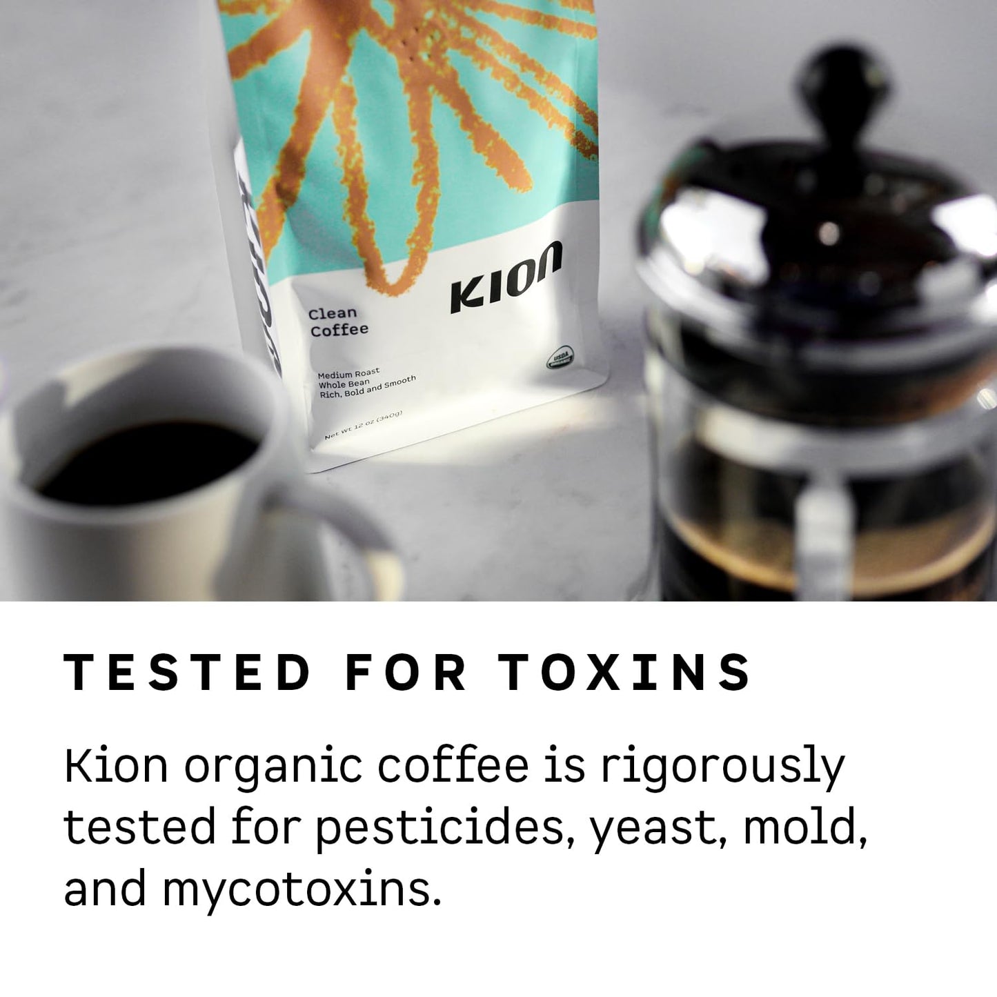 Kion Organic Whole Bean Coffee, Tested for Toxins, Ethically Sourced, Rich, Bold, and Smooth, Medium Roast 12 Oz (1 Pack)
