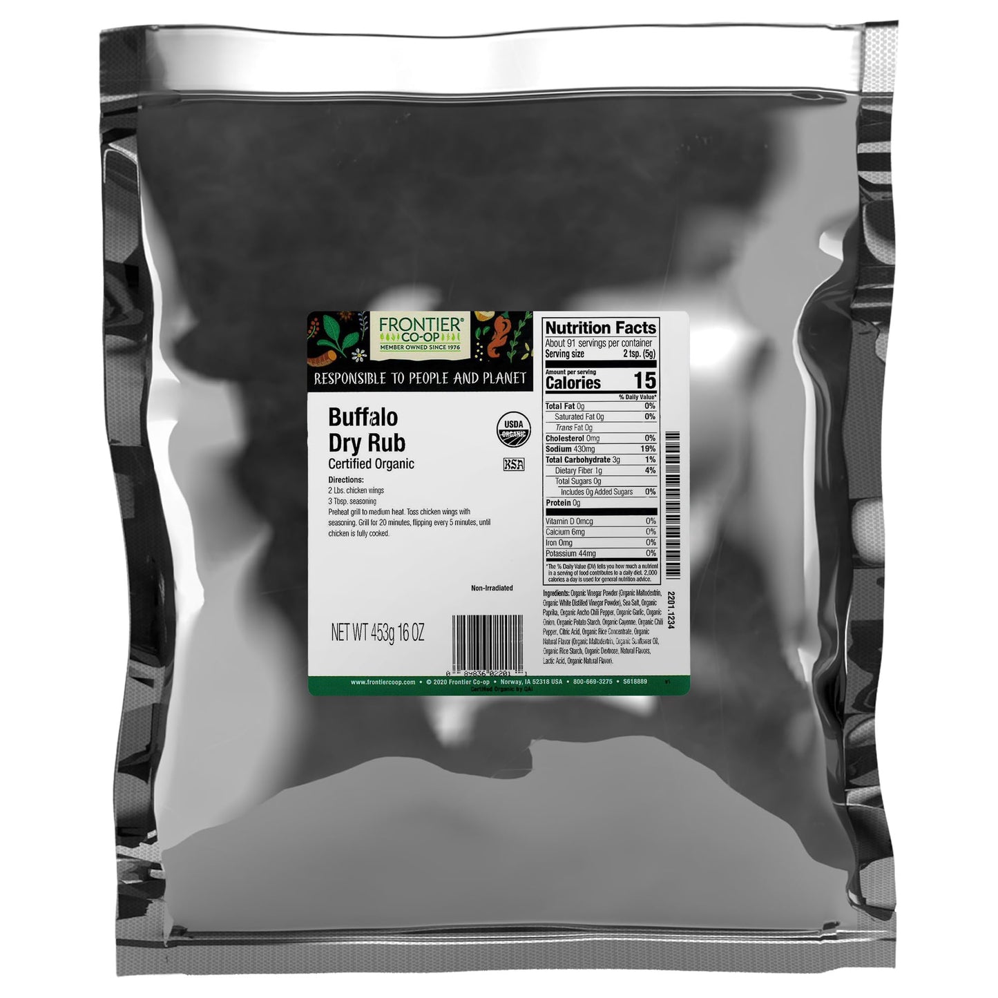 Frontier Co-op Organic Buffalo Dry Rub, 1lb Bulk Bag - Tangy and Spicy Seasoning with Paprika, Vinegar, and Chili Pepper for Chicken and Popcorn | 16