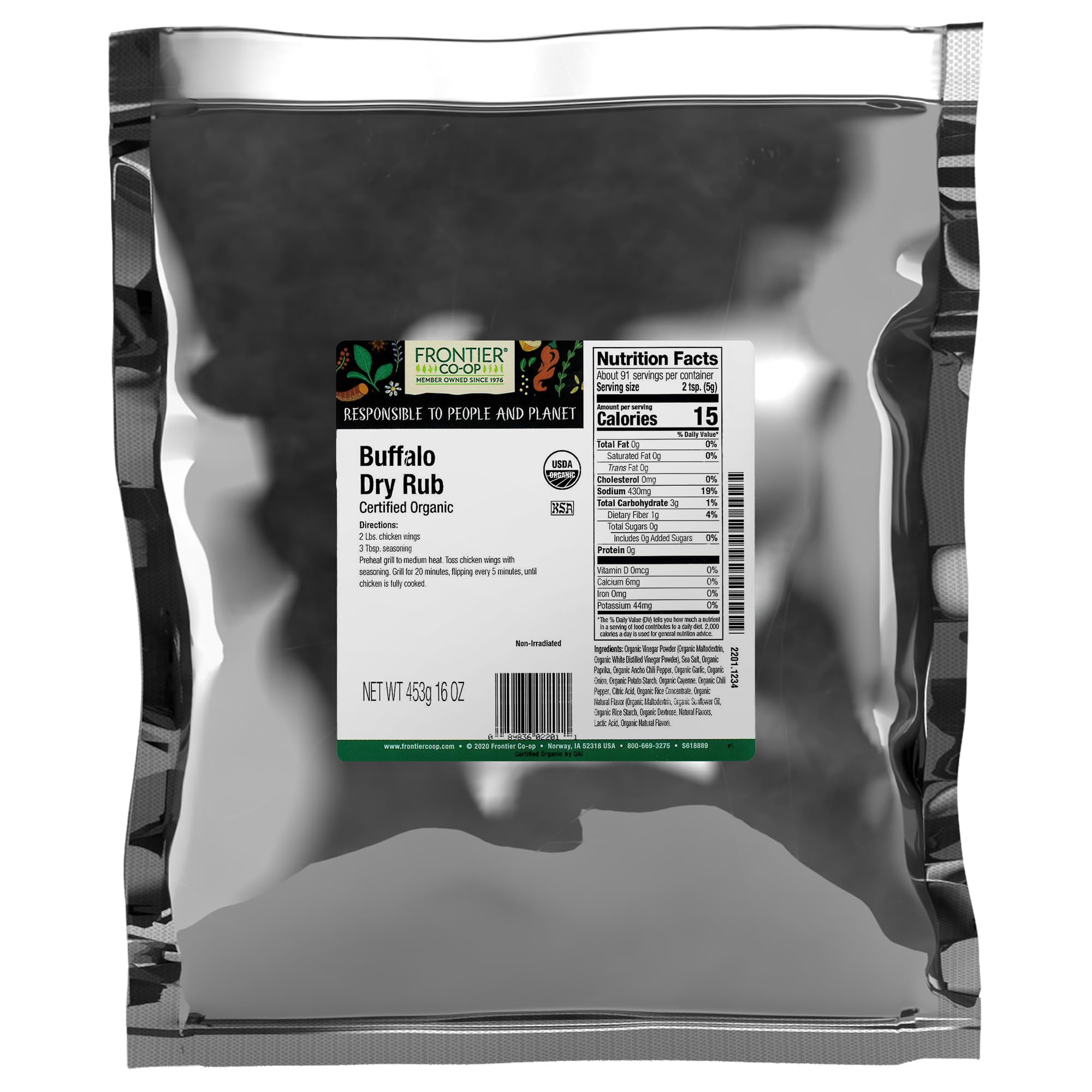 Frontier Co-op Organic Buffalo Dry Rub, 1lb Bulk Bag - Tangy and Spicy Seasoning with Paprika, Vinegar, and Chili Pepper for Chicken and Popcorn | 16