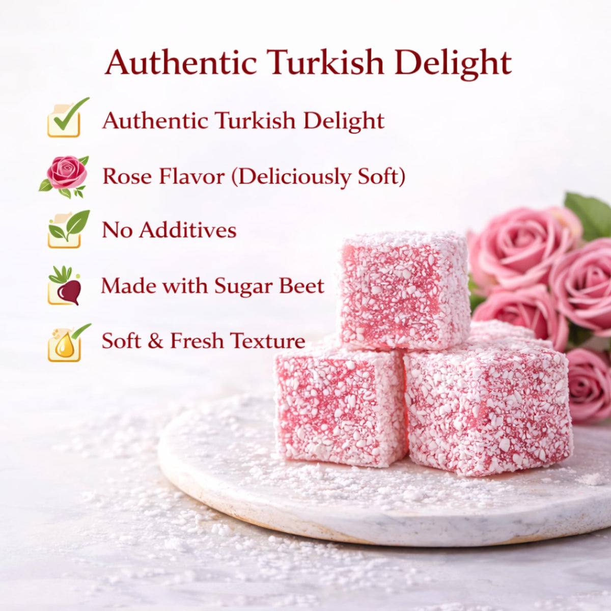 Turkish Delight Rose Flavor (Lokum) - Soft & Fresh Gourmet Candy - Coconut Coated - No Additives - Made with Sugar Beet - Premium Gift Box - 450g