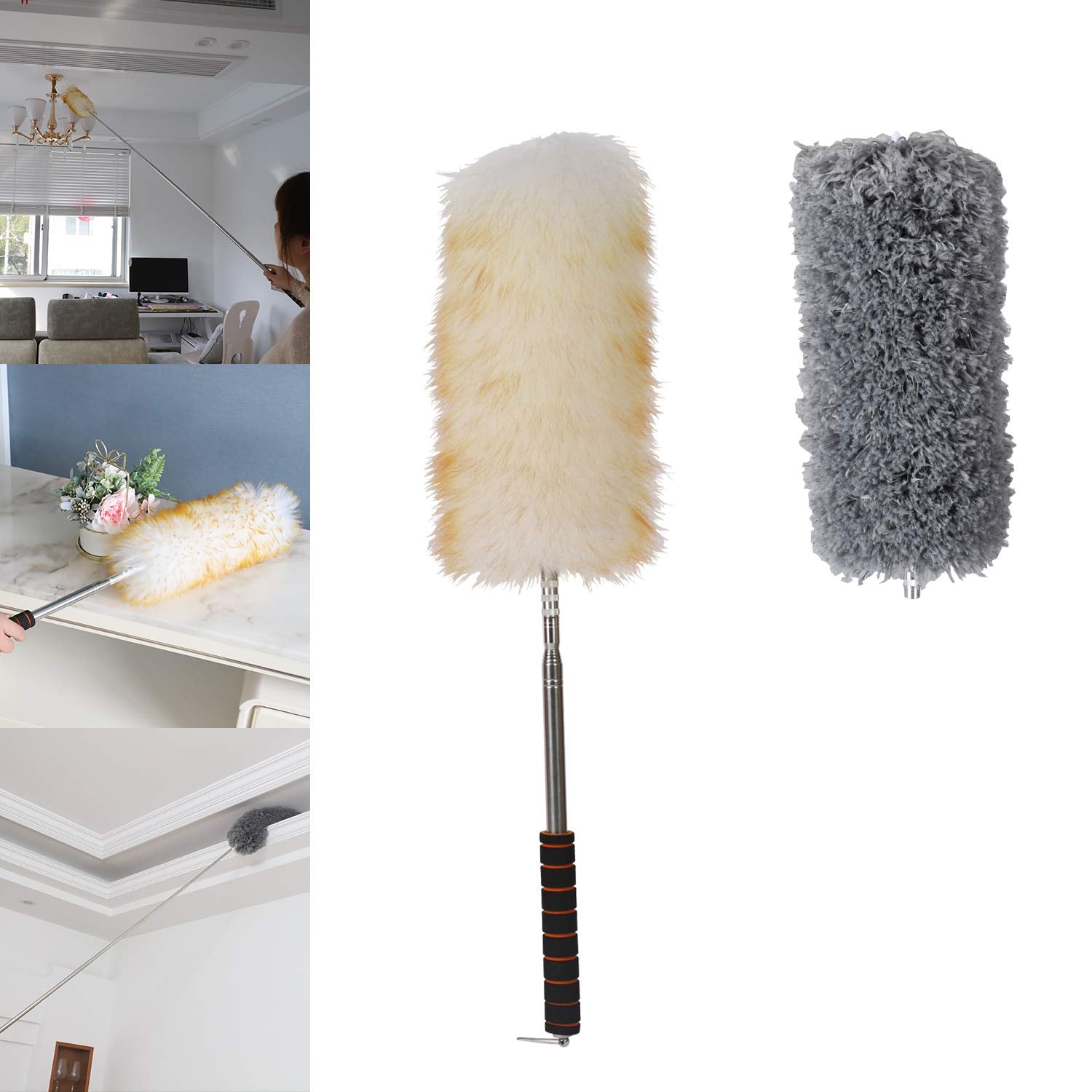 Midoneat Lambswool Duster with Extra Flexible Microfiber Head,Long Reach/Extendable Duster Up to 86" for Cleaning High Ceiling Fan, Interior Roof