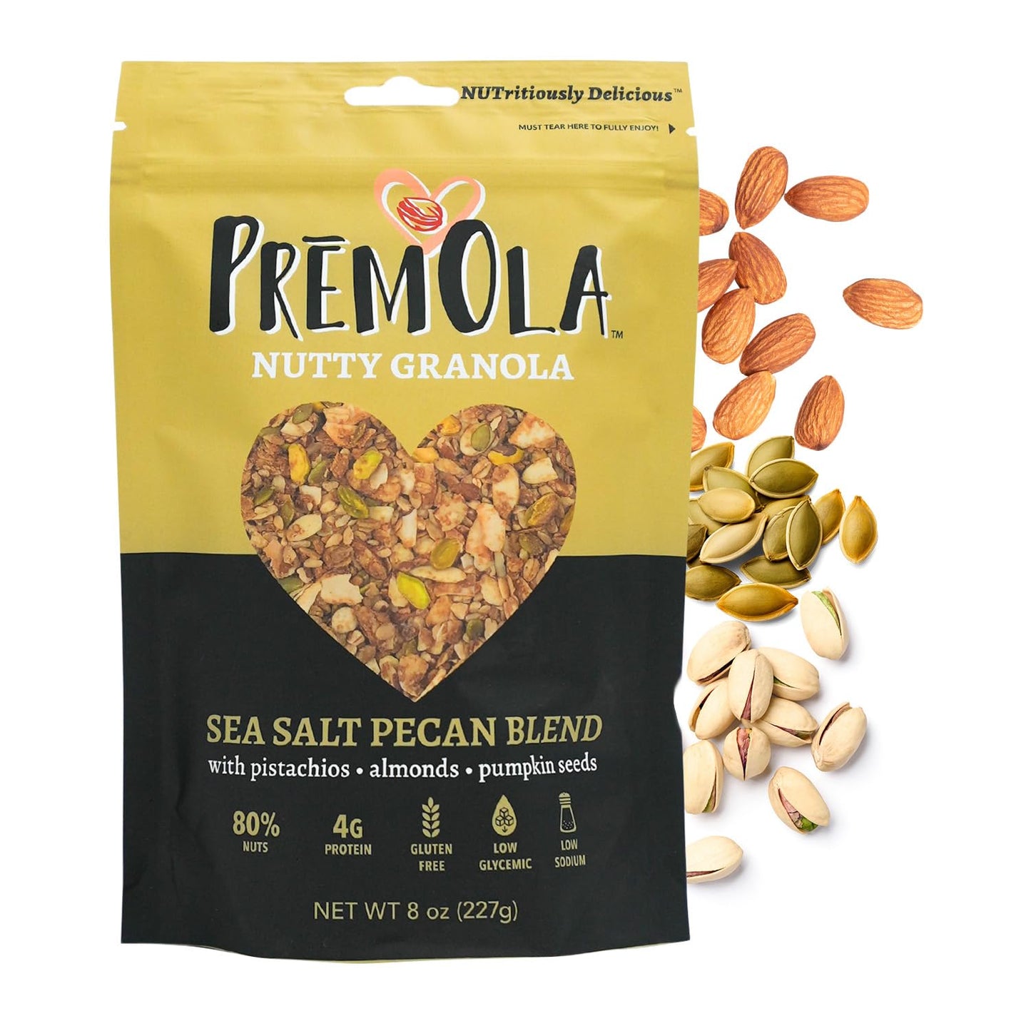 PremOla Nutty Granola, Sea Salt Pecan Blend - Gluten Free, Low Sugar, Vegetarian Granola with Pistachios, Almonds & Pumpkin Seeds, Packed with Protein