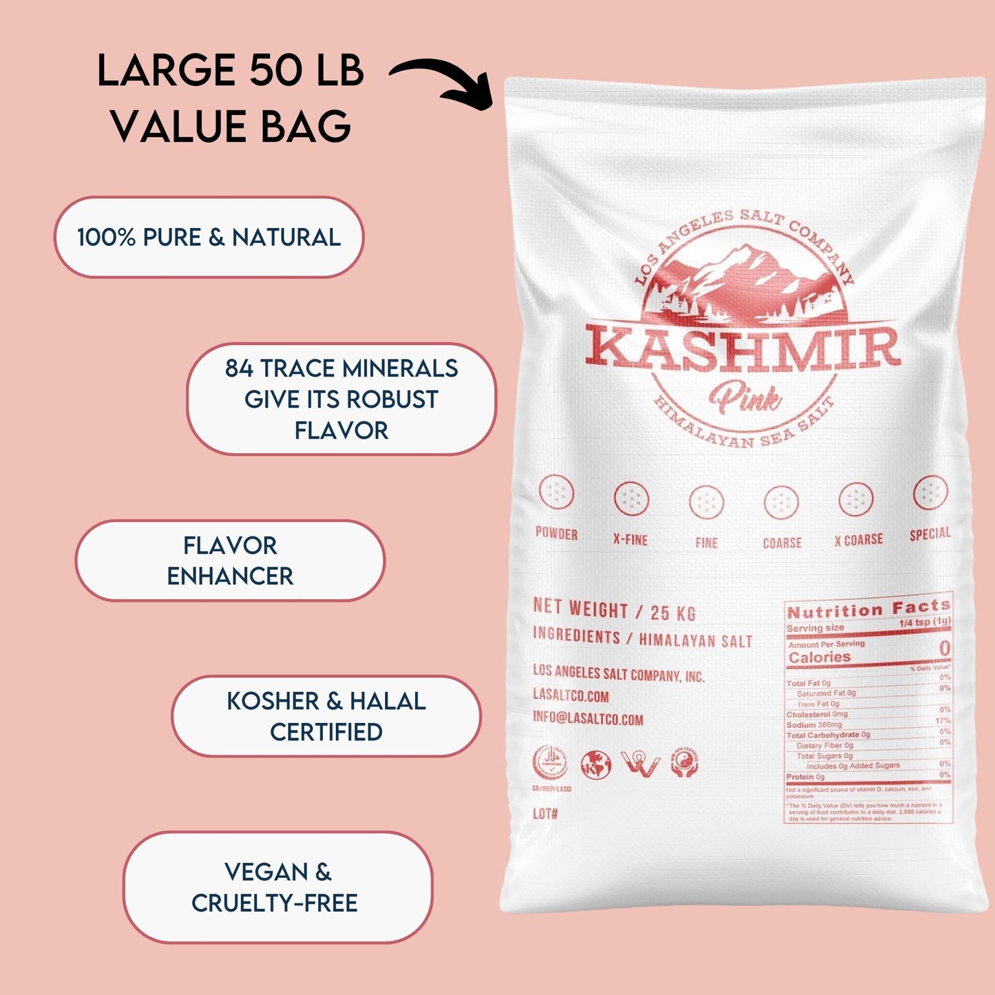 LA Salt's Kashmir Pink® Himalayan Salt, Powder Grain (0.1-0.3mm), 55 Pound Bulk Bag