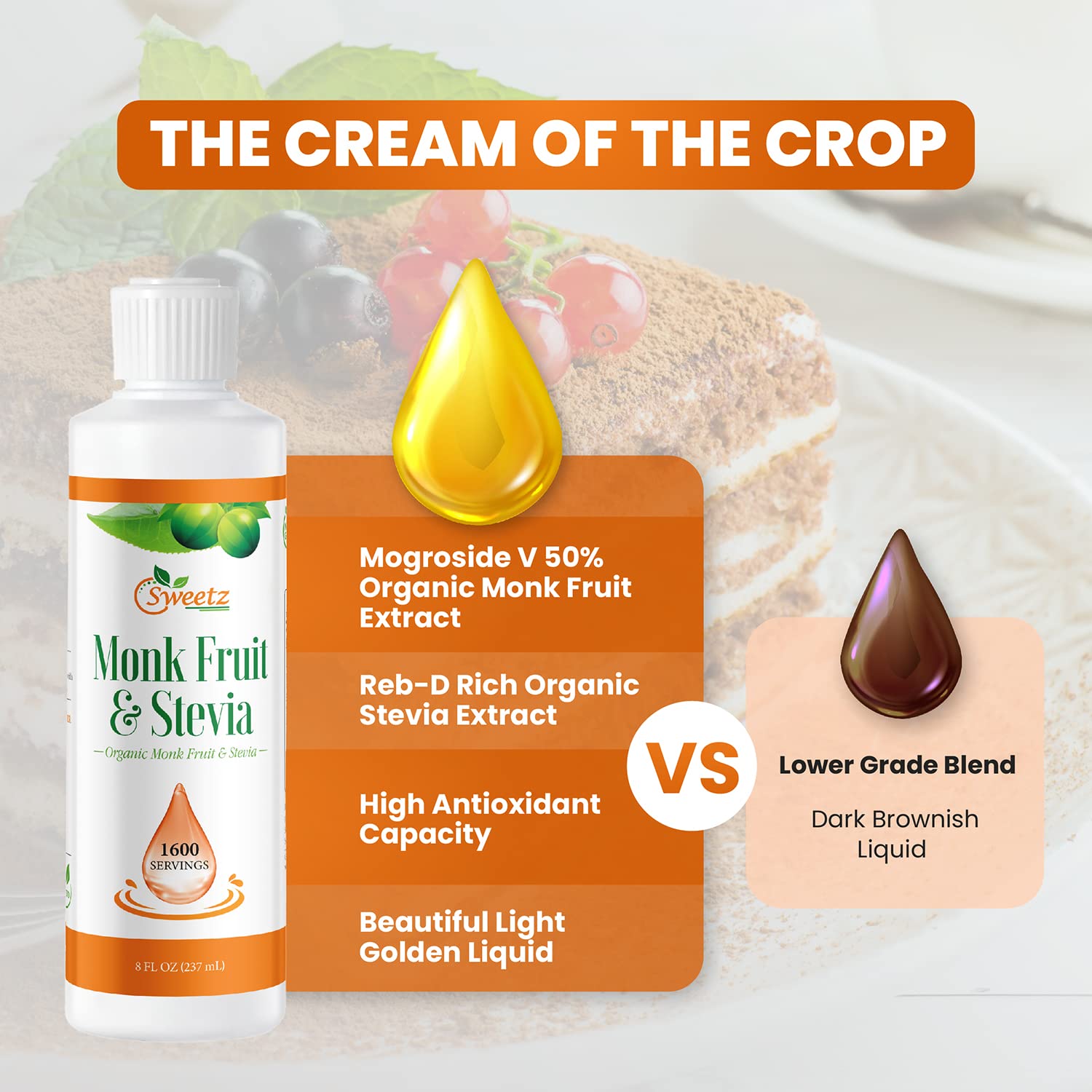 Monk Fruit & Stevia Liquid Sweetener Drops - Natural Sweeteners & Sugar Alternatives - Delicious Blend with No Bitter Aftertaste - Concentrated Sweetener Liquid Drops Extract - 8 FL OZ (1600 Servings)