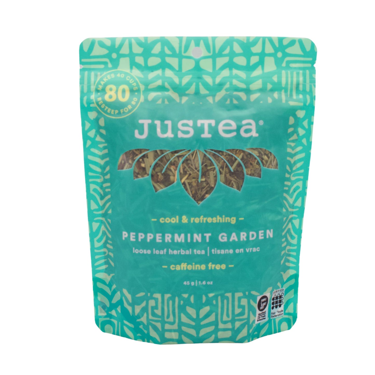 JusTea PEPPERMINT GARDEN | Loose Leaf Herbal Tea | Recyclable Refill Pouch | 40+ Cups (1.6oz) | Caffeine Free | Award-Winning | Fair Trade | Non-GMO |