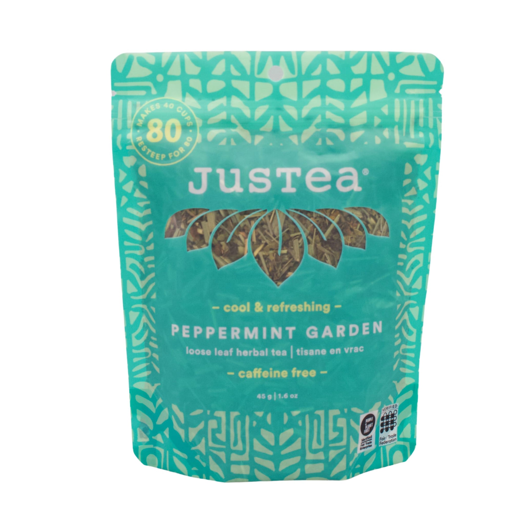 JusTea PEPPERMINT GARDEN | Loose Leaf Herbal Tea | Recyclable Refill Pouch | 40+ Cups (1.6oz) | Caffeine Free | Award-Winning | Fair Trade | Non-GMO |