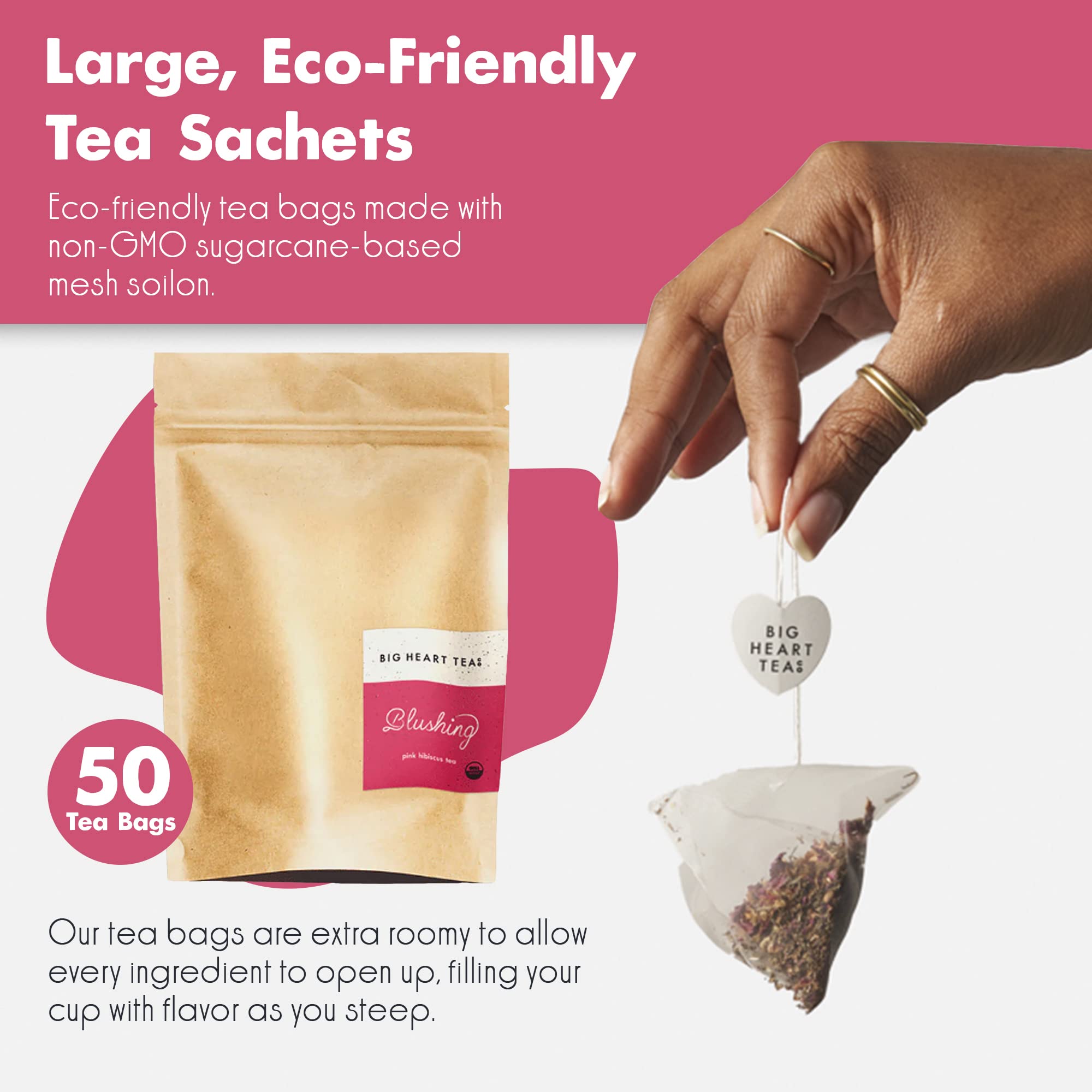 Big Heart Tea Co. Tea Bags - Blushing Pink Hibiscus - Certified Organic, Naturally Sweet Ayurvedic Herbal Decaf Tea with Small Batch Ground Herbs