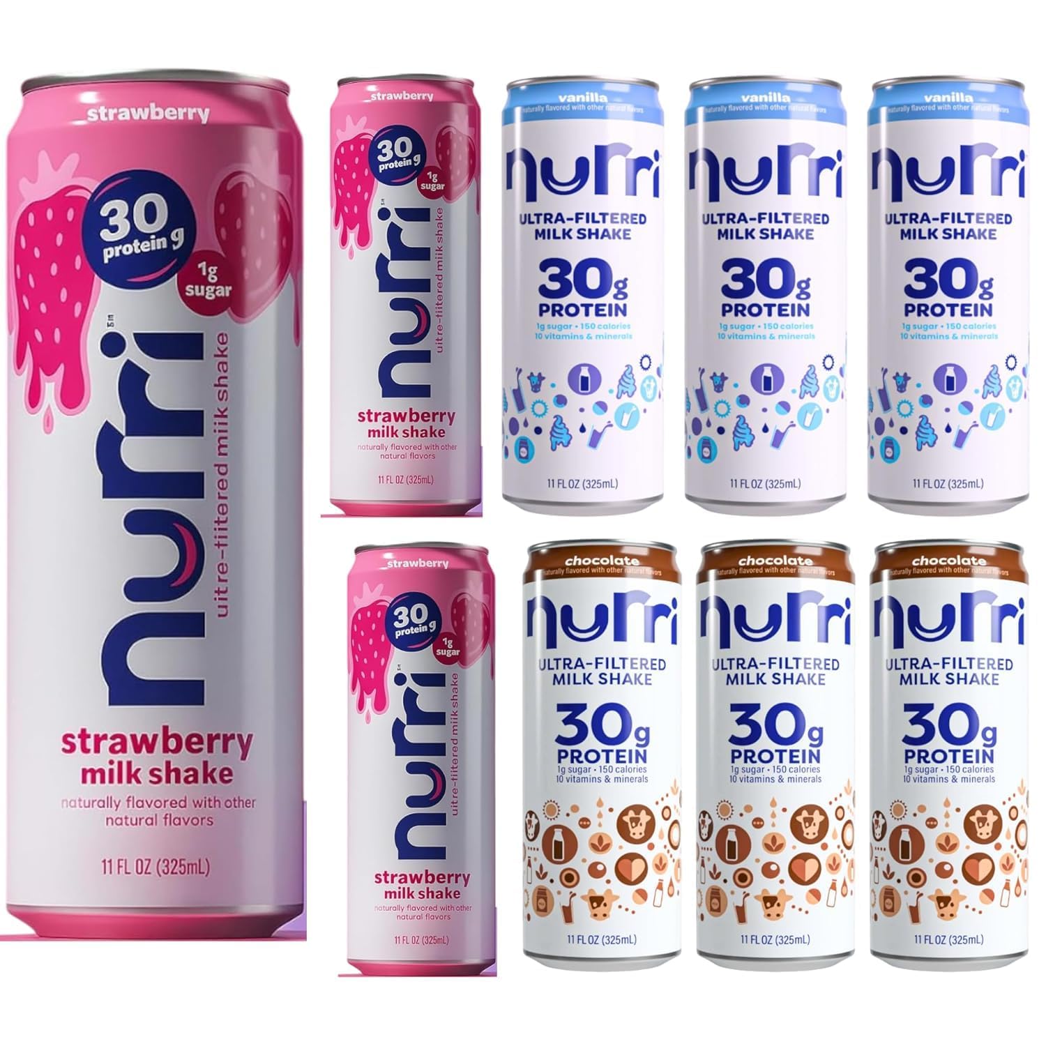 Nurri Ultra Filtered Milk Shake, 3 Count (Vanilla, Stawbery, Chocolate) Total 9 Count