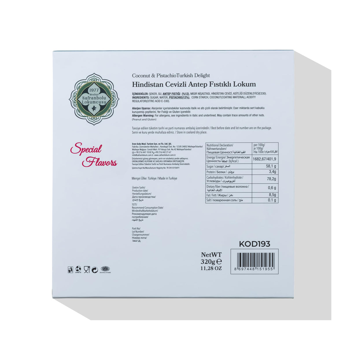Me?hur Safranbolu Lokumcusu Turkish Delight Pistachios: Gourmet Candy & -Snack Lovers, Turkish Delight Candy Gift Box, Covered in Coconut (11.3 oz)